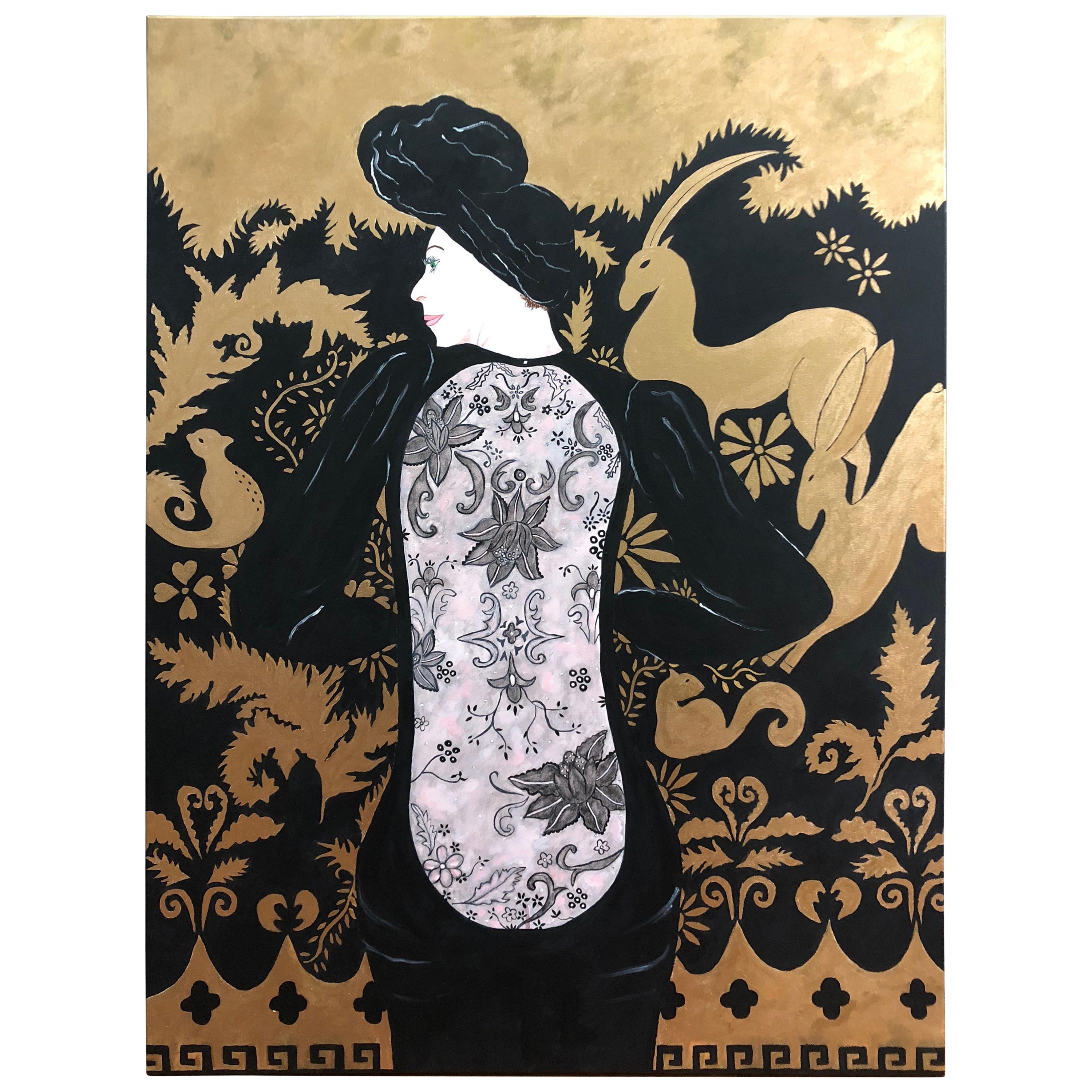 Glamorous Black and Gold Large Painting of Woman in Lacey Dress For Sale