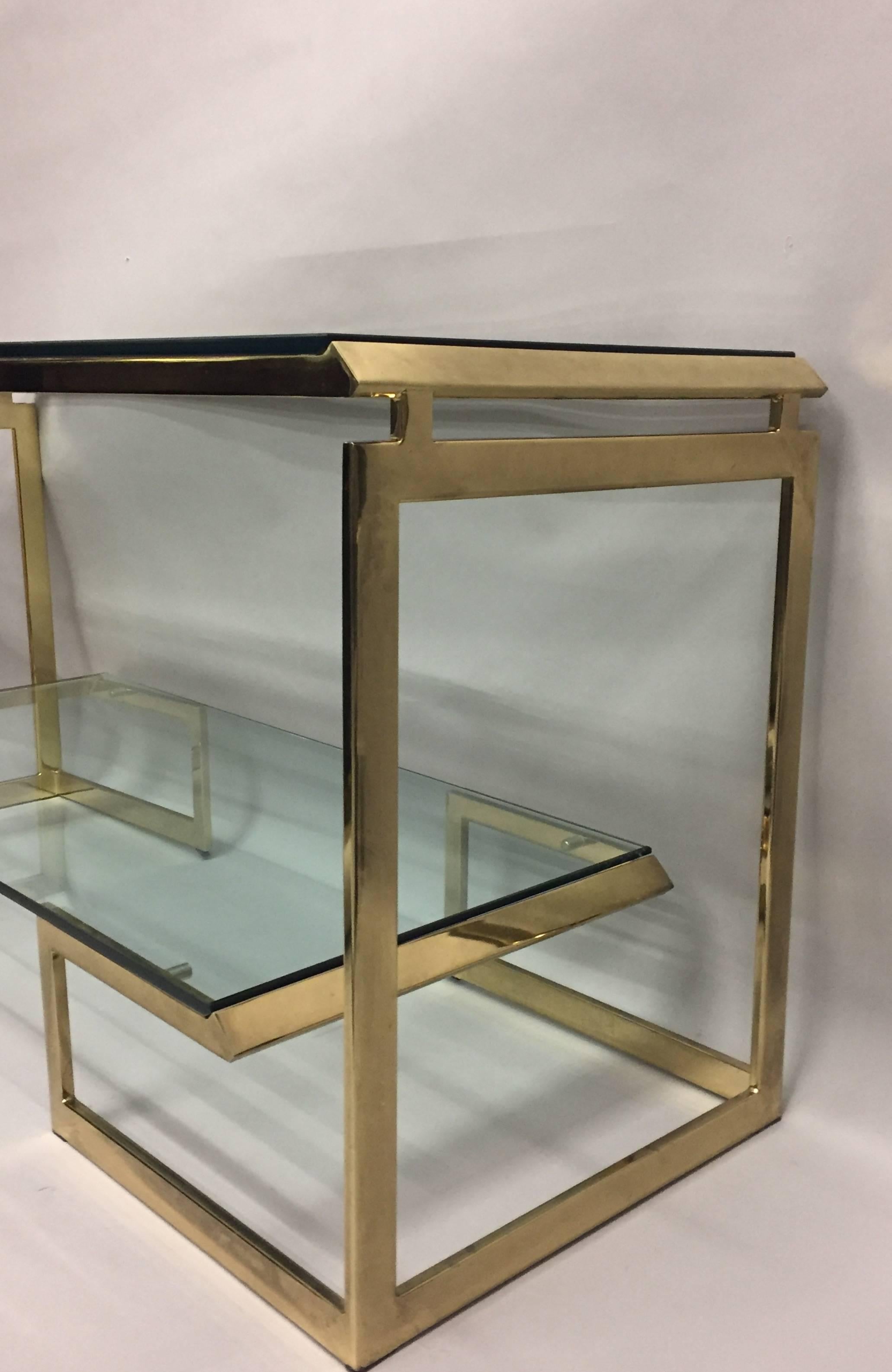 American Glamorous Brass and Glass Two-Tier Milo Baughman Style Console Table