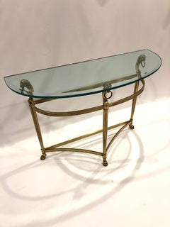 Glamorous Brass Lion Head Demilune Console Table with Glass Top