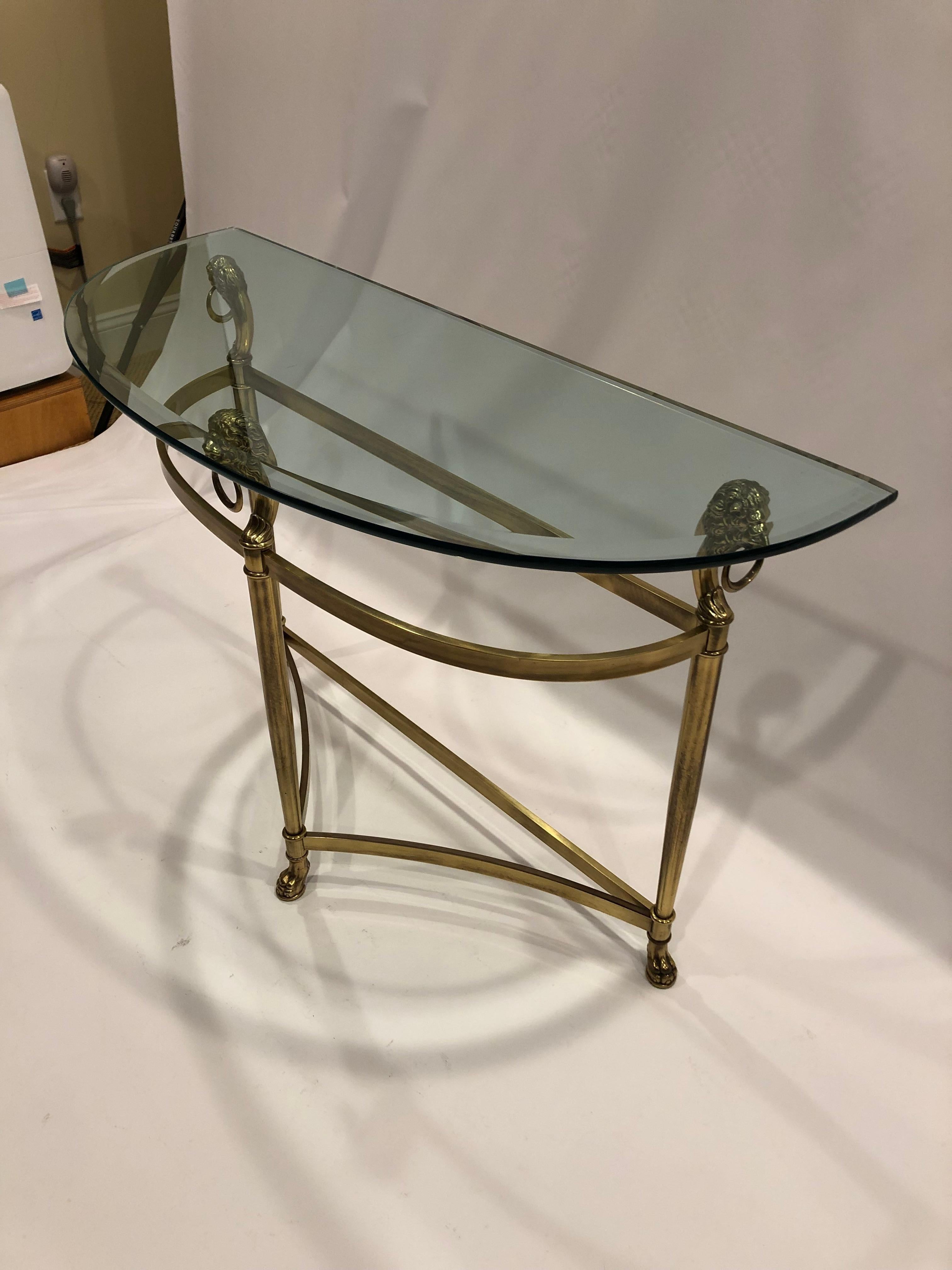 Glamorous Brass Lion Head Demilune Console Table with Glass Top In Good Condition In Hopewell, NJ