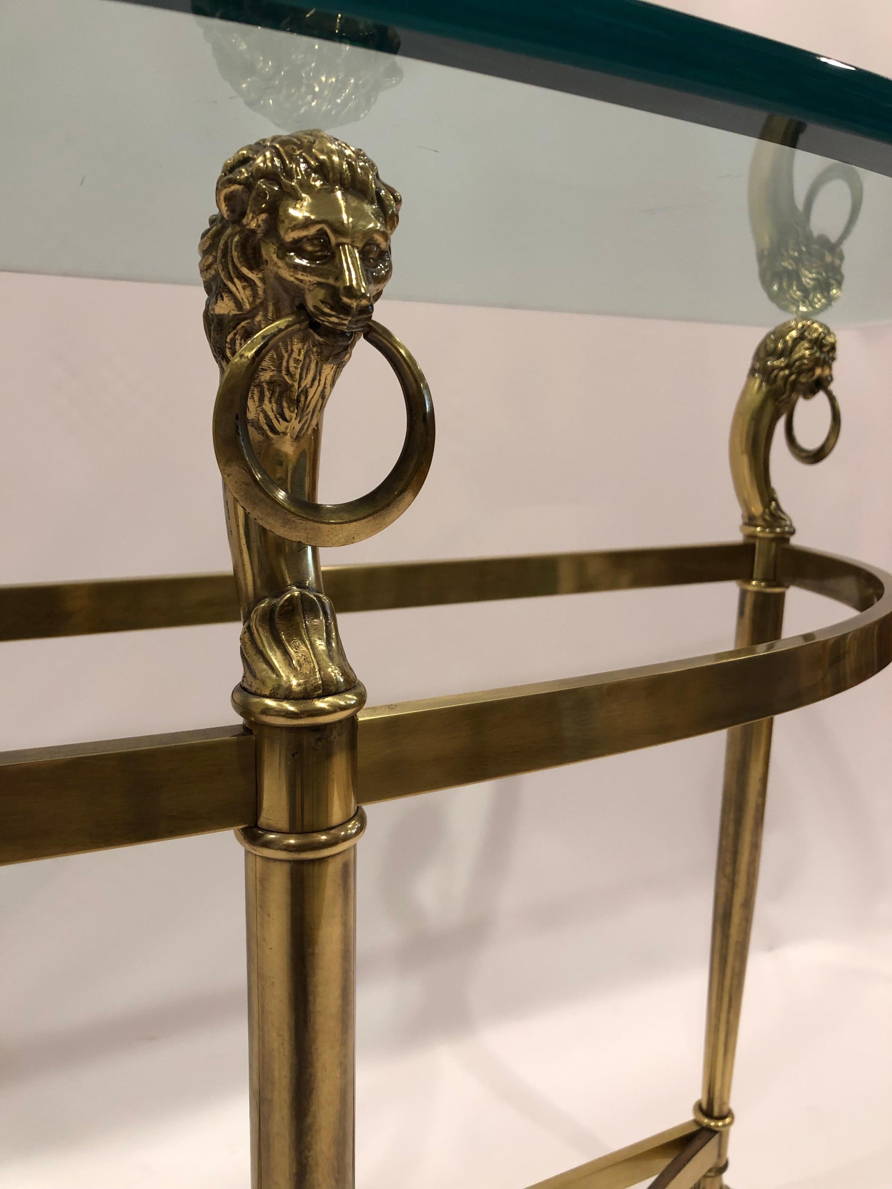 Late 20th Century Glamorous Brass Lion Head Demilune Console Table with Glass Top