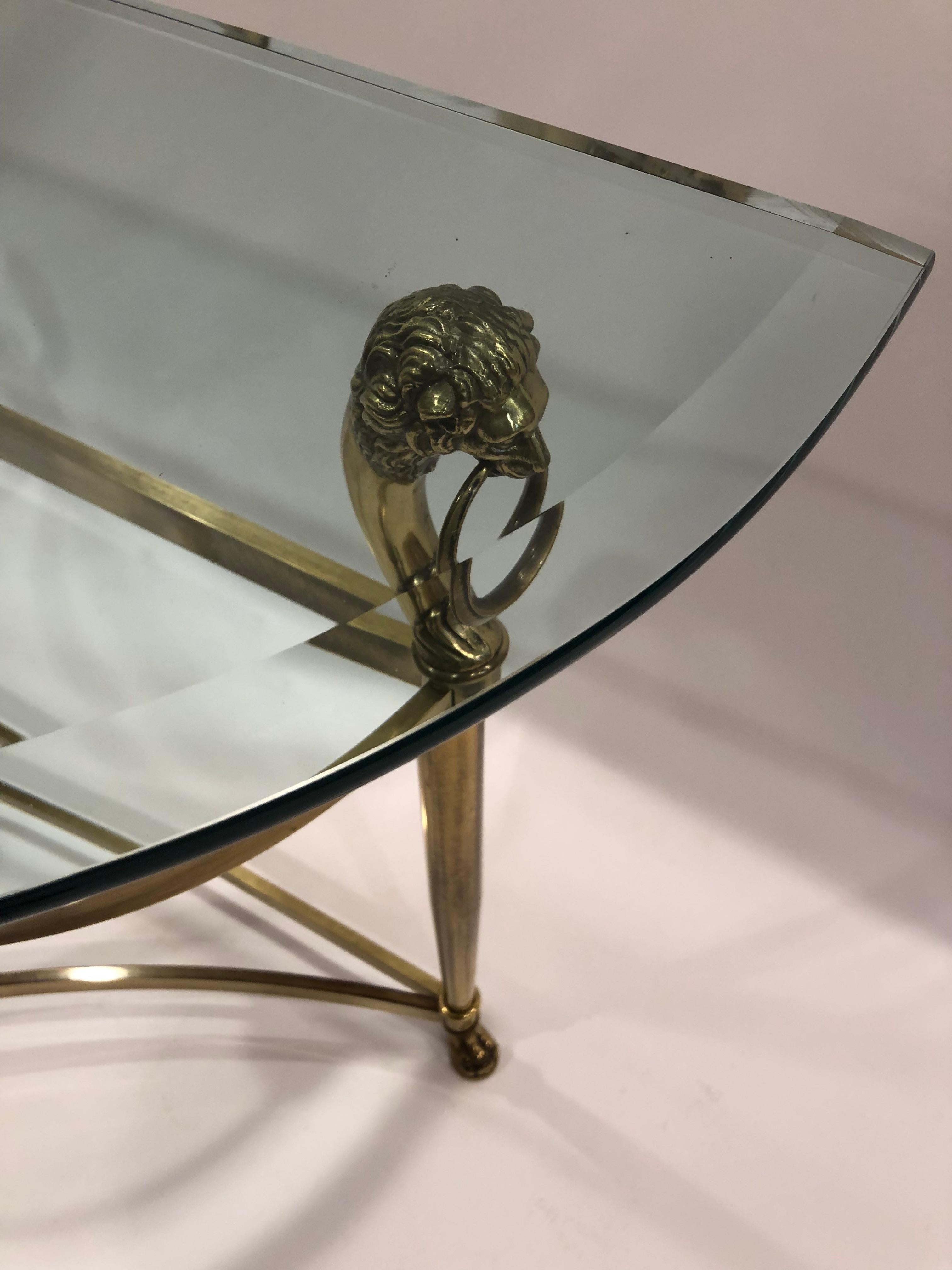 Glamorous Brass Lion Head Demilune Console Table with Glass Top 1