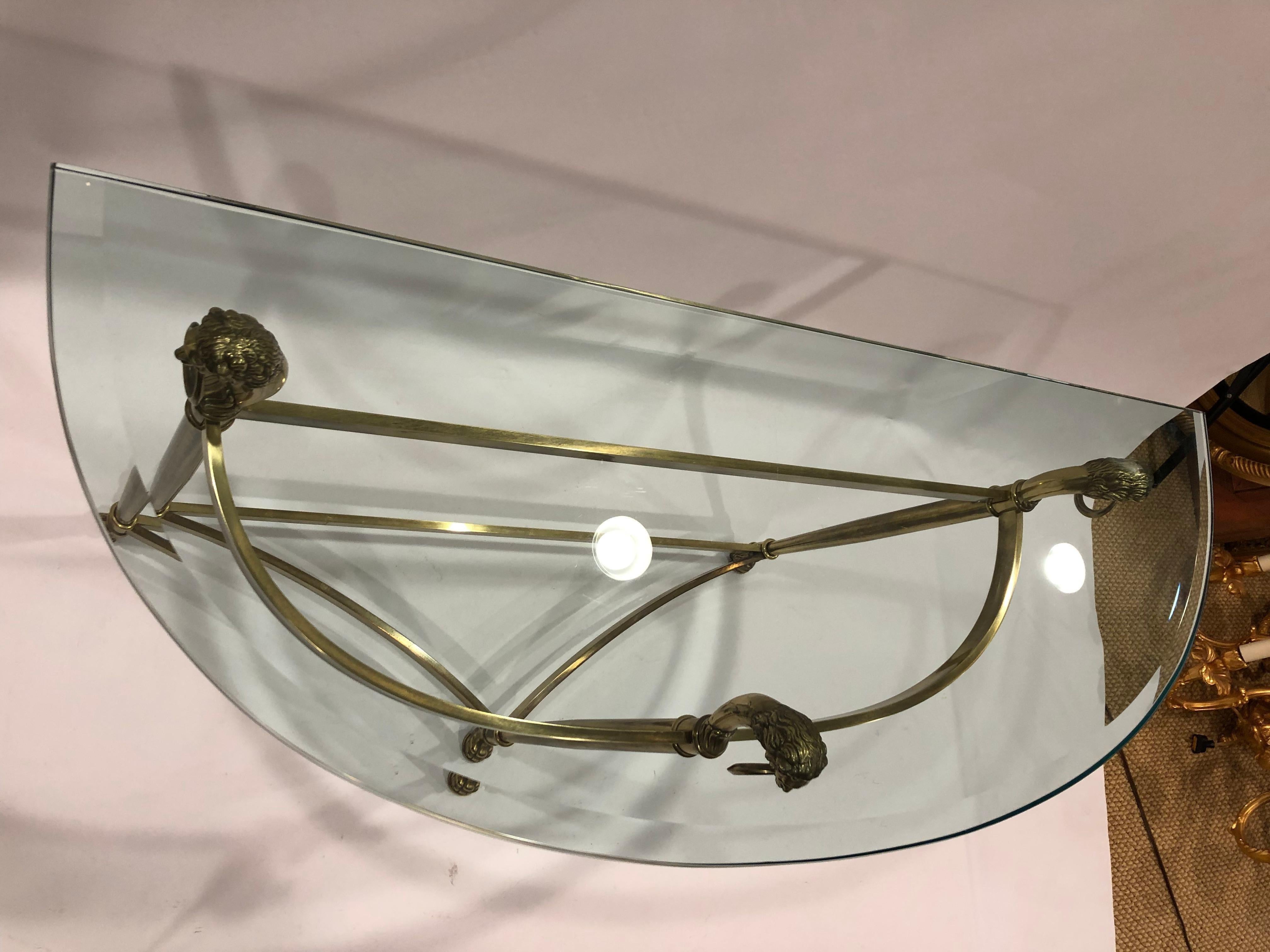 Glamorous Brass Lion Head Demilune Console Table with Glass Top 2