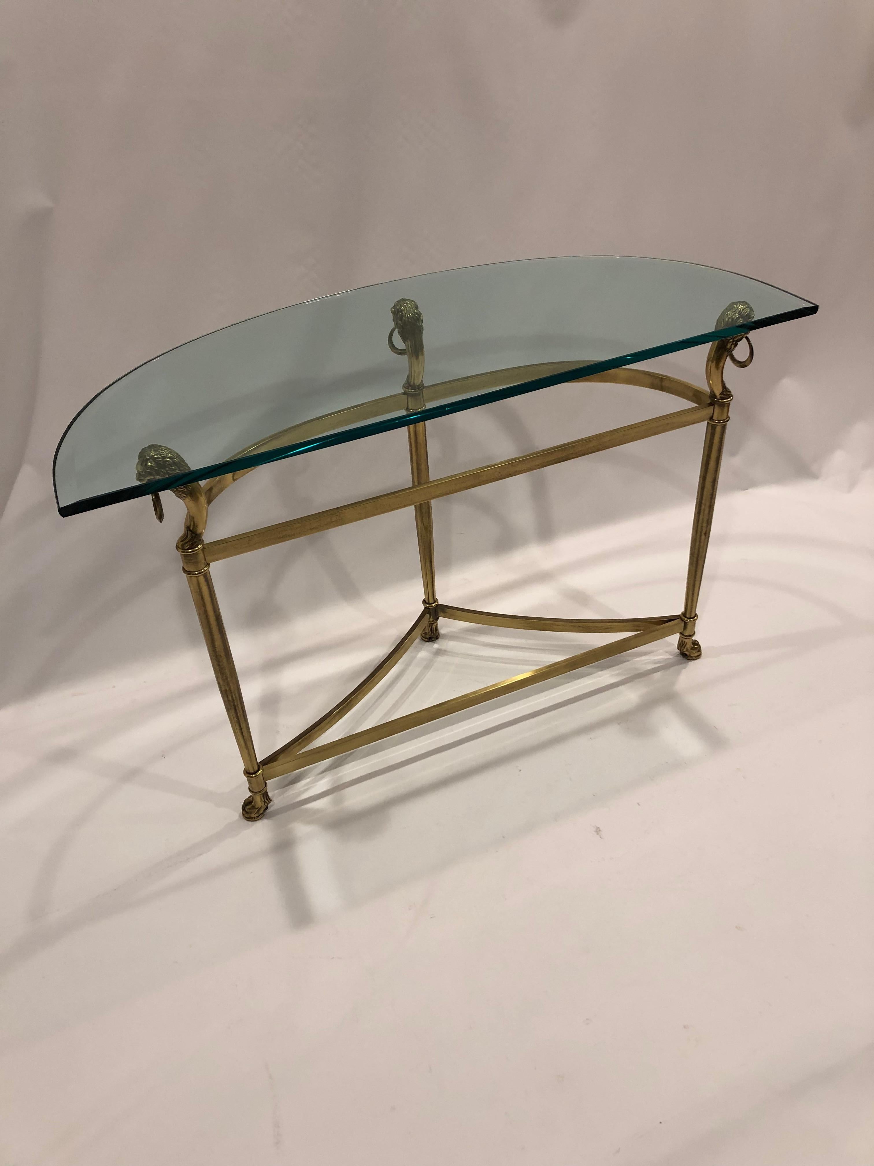 Glamorous Brass Lion Head Demilune Console Table with Glass Top 3