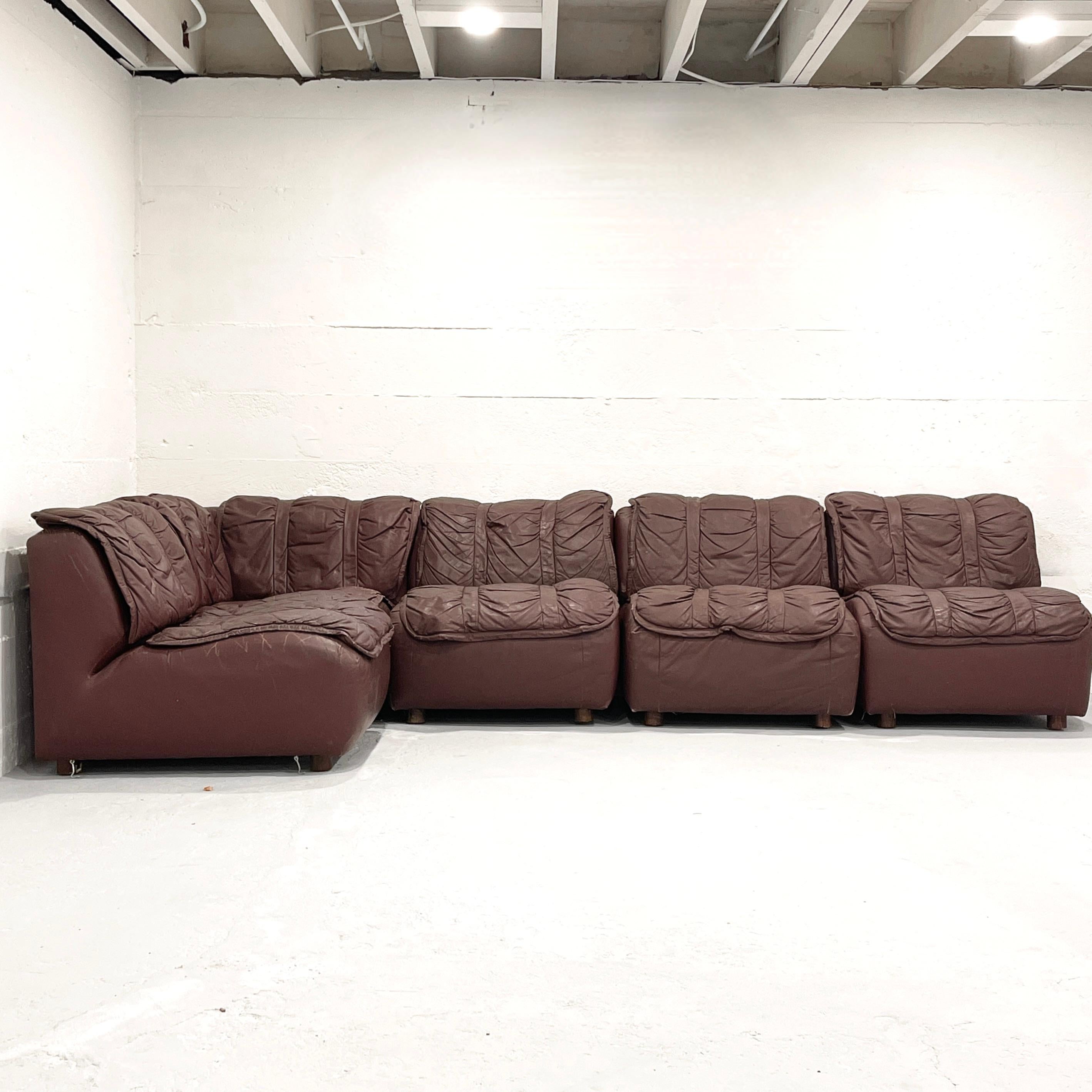 European Glamorous Brown Leather Patinated 1970s Sectional Sofa in the Manner of DeSede For Sale