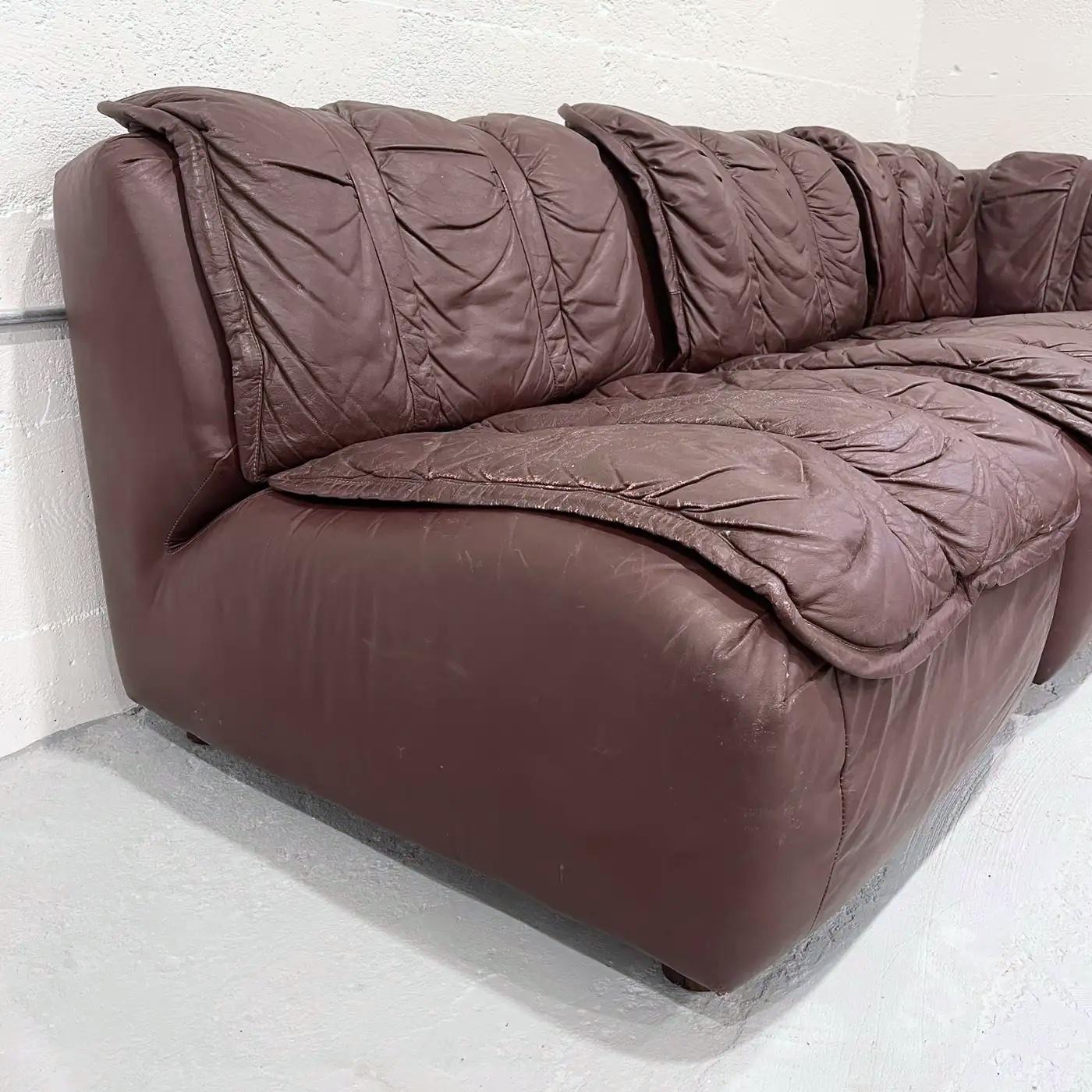 European Glamorous Brown Leather Patinated 1970s Sectional Sofa in the Manner of DeSede