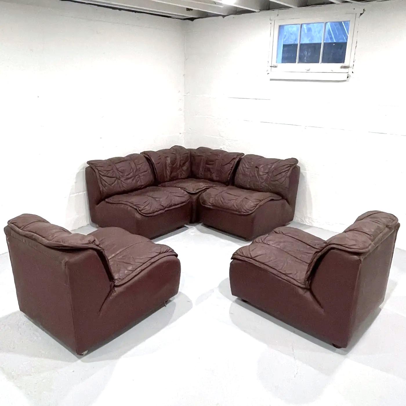 Glamorous Brown Leather Patinated 1970s Sectional Sofa in the Manner of DeSede 1