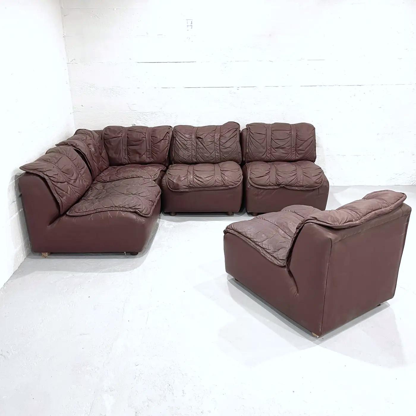 Glamorous Brown Leather Patinated 1970s Sectional Sofa in the Manner of DeSede 2