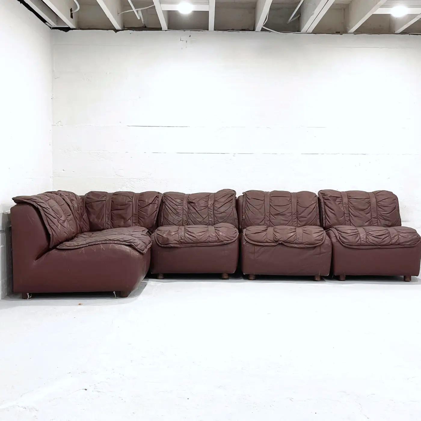 Glamorous Brown Leather Patinated 1970s Sectional Sofa in the Manner of DeSede 3