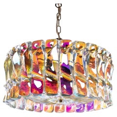 Vintage 1960 Italy Glamorous Chandelier with Iridescent Venini Murano Glass & Brass