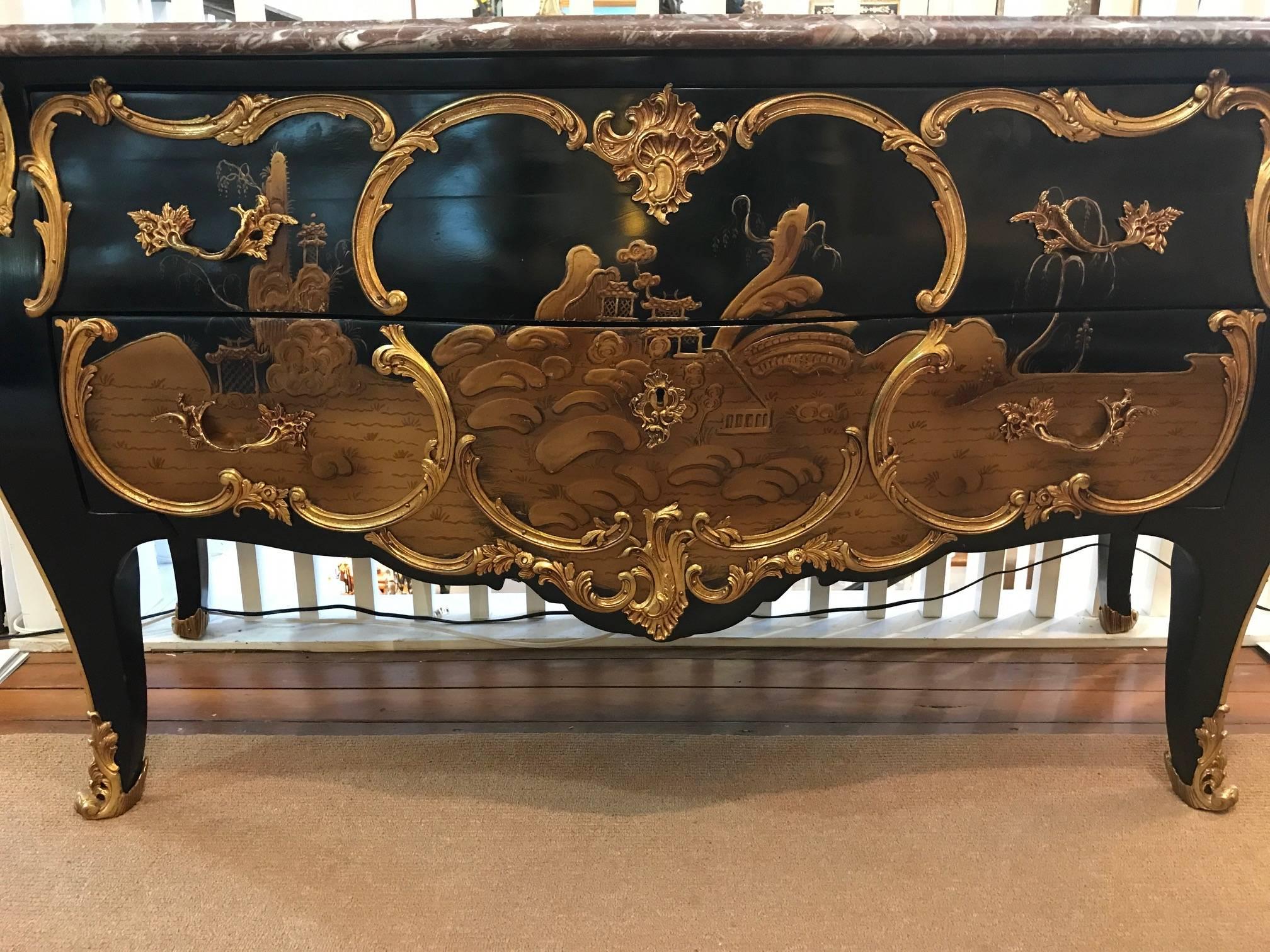 Hand-Painted Glamorous Chinoiserie French Chest Commode with Marble and Ormolu