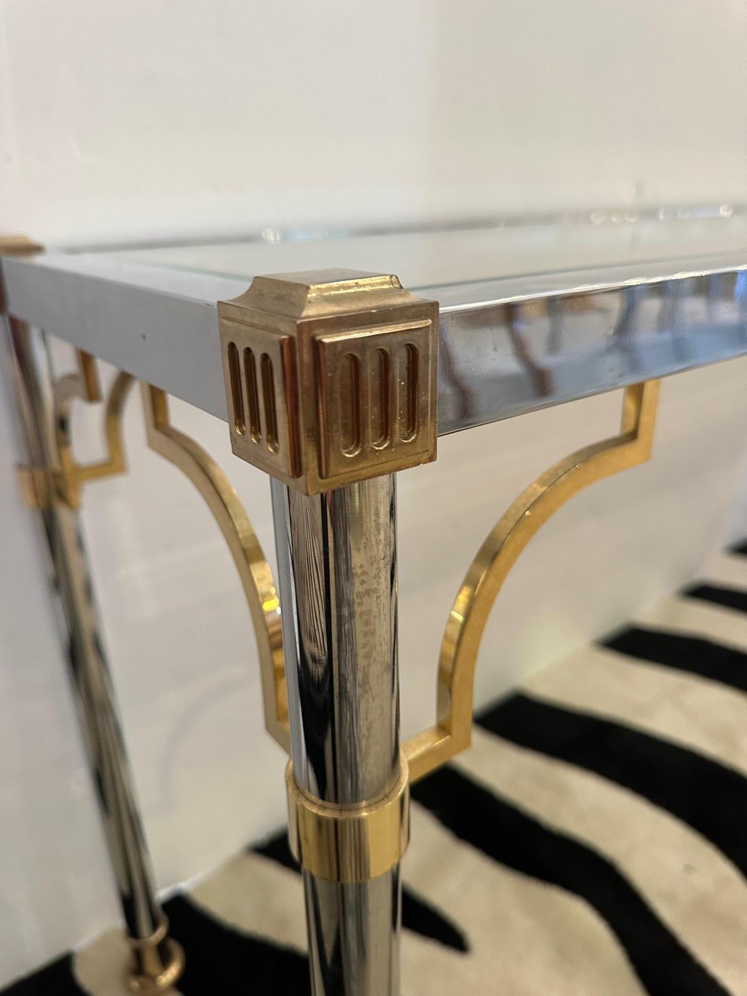 American Glamorous Chrome Brass & Glass Console Table For Sale