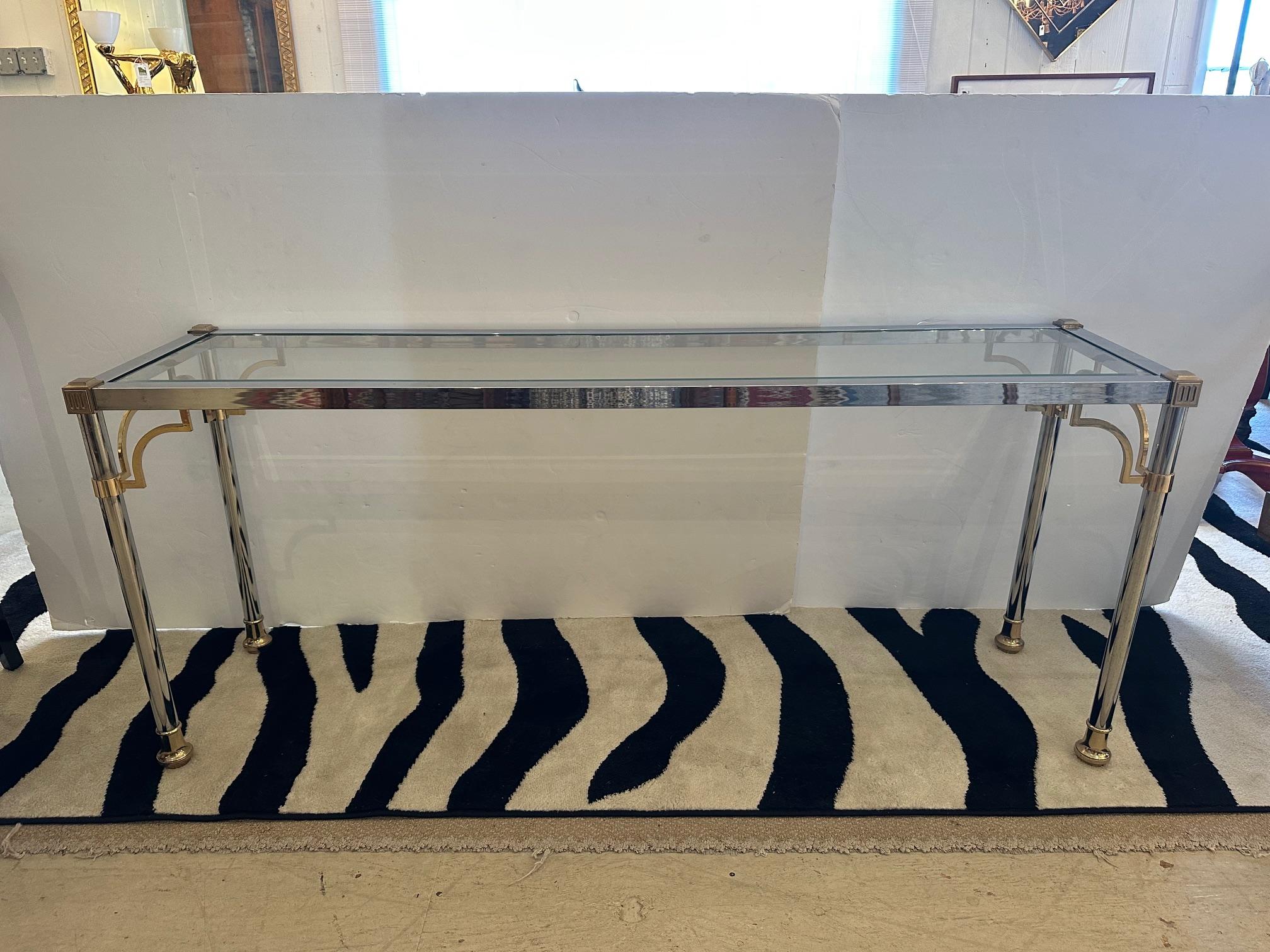 Glamorous Chrome Brass & Glass Console Table For Sale 2