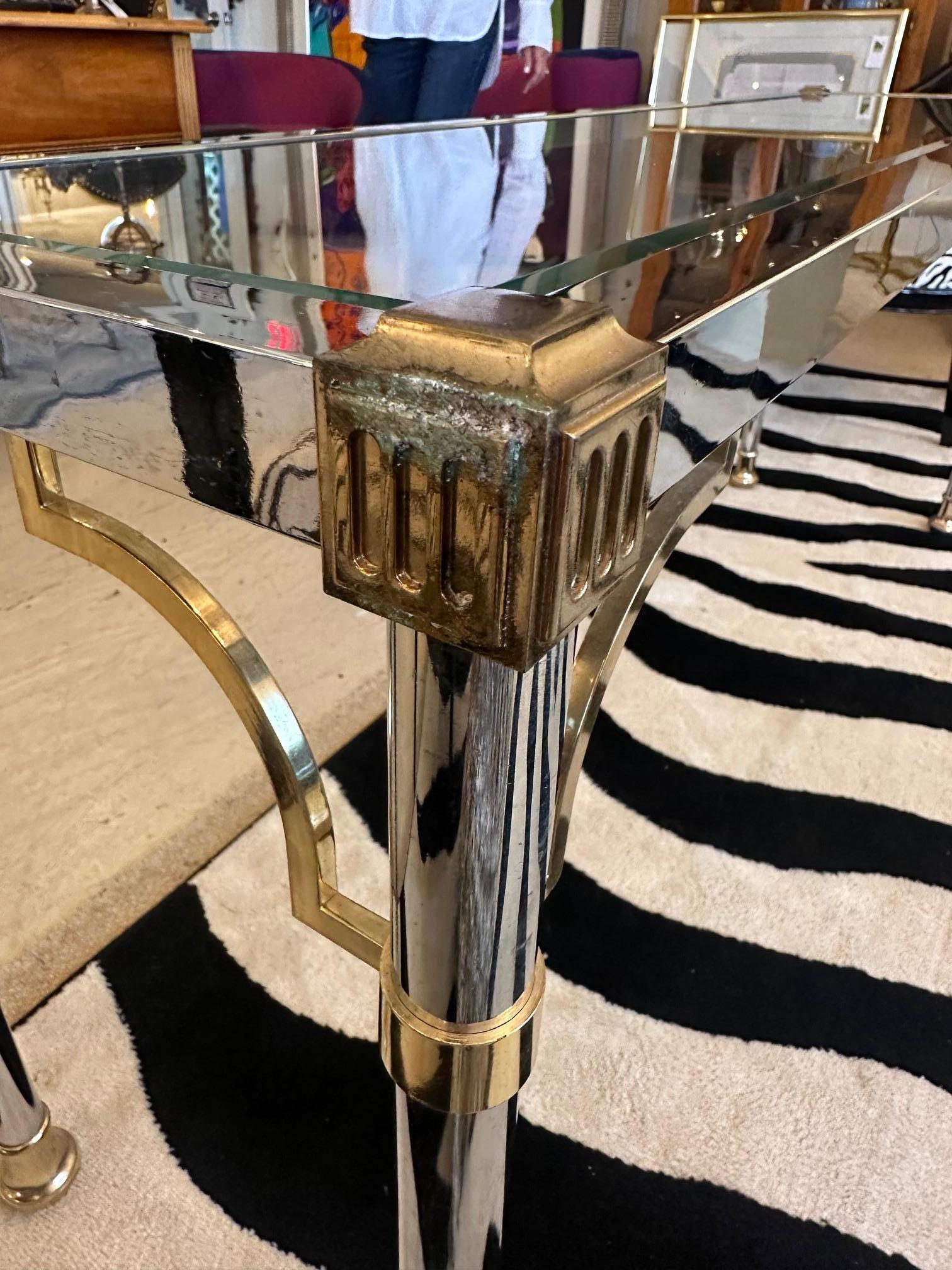Glamorous Chrome Brass & Glass Console Table For Sale 3