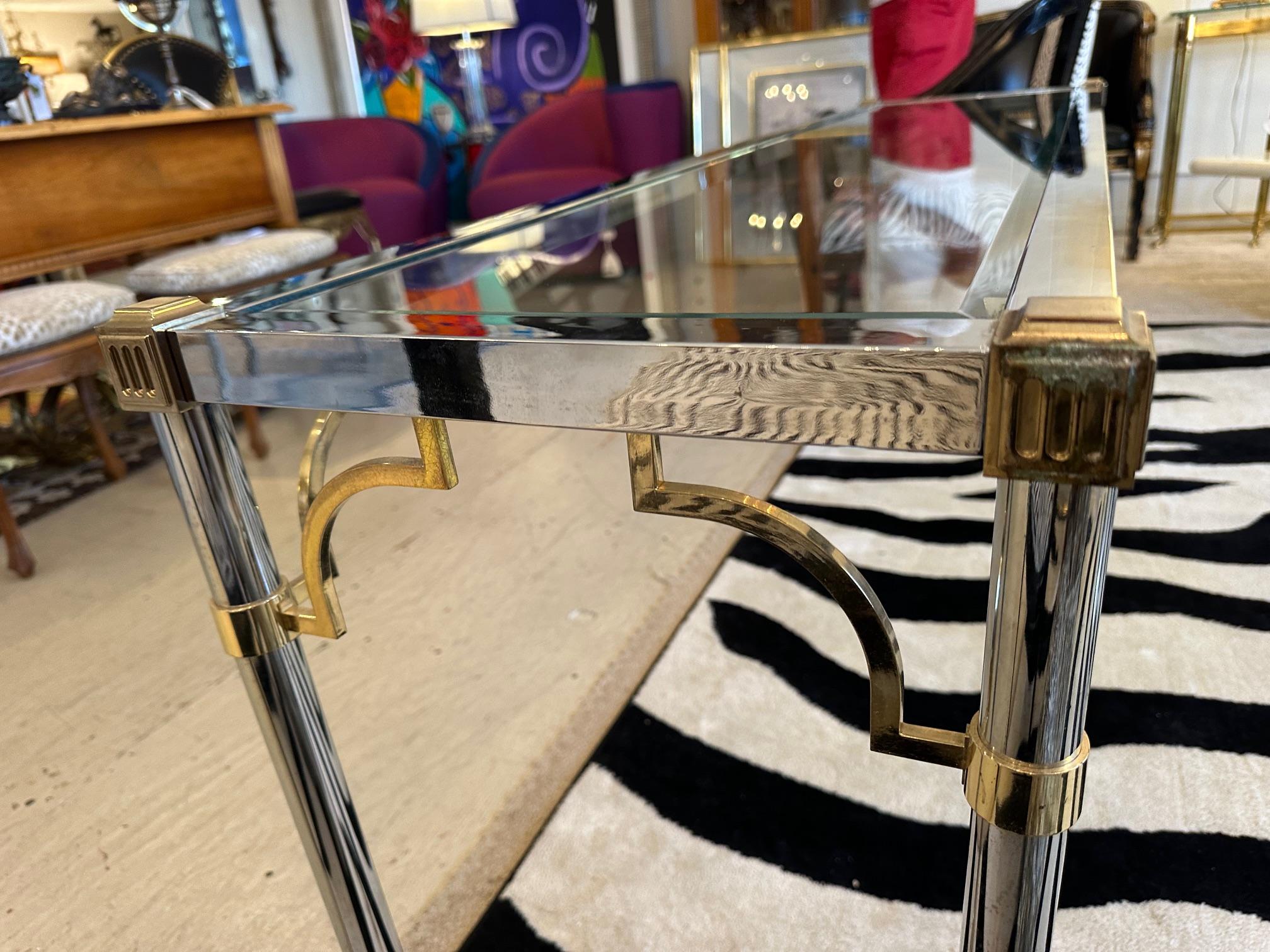 Glamorous Chrome Brass & Glass Console Table For Sale 4