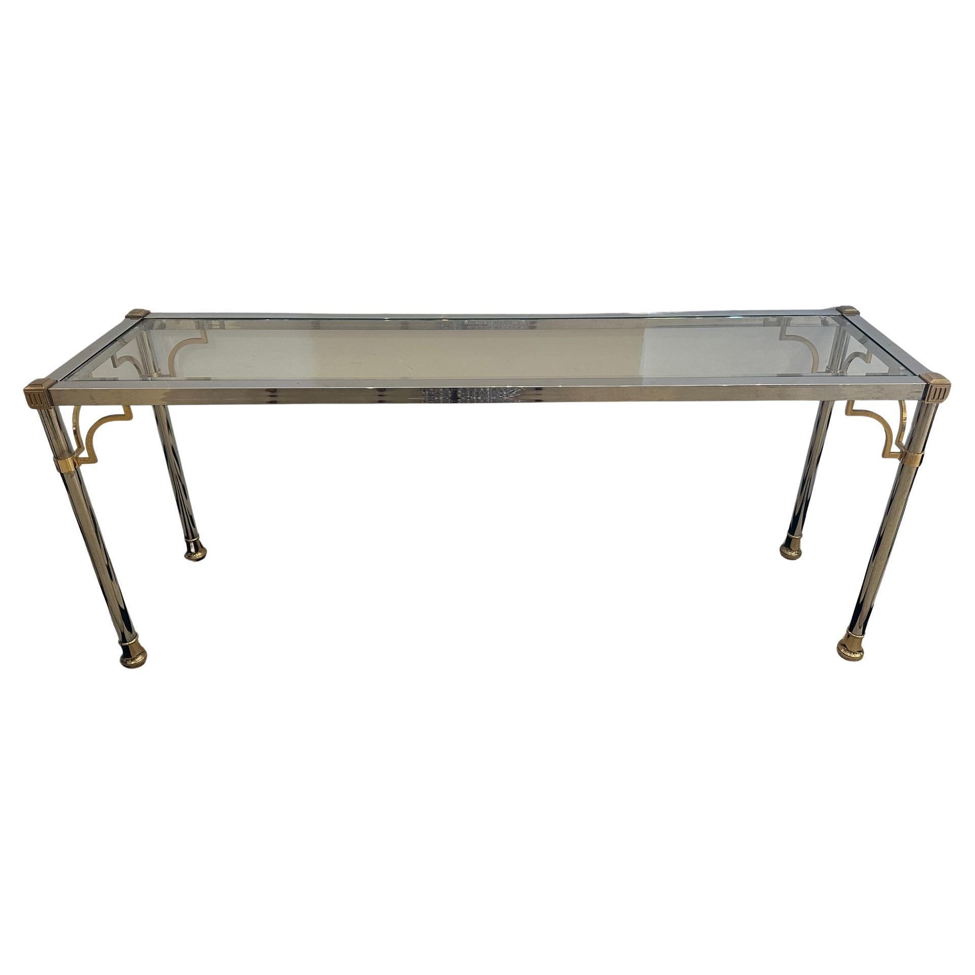 Glamorous Chrome Brass & Glass Console Table For Sale