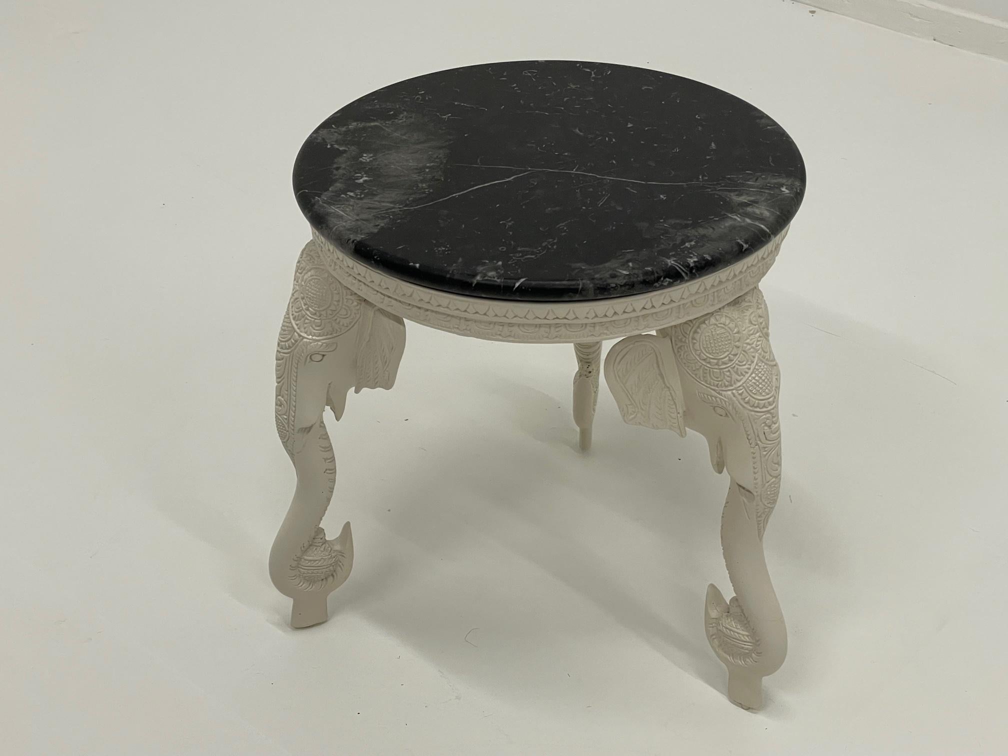 Late 20th Century Glamorous Cream Colored Cast Resin Elephant Motife Round Table with Marble Top