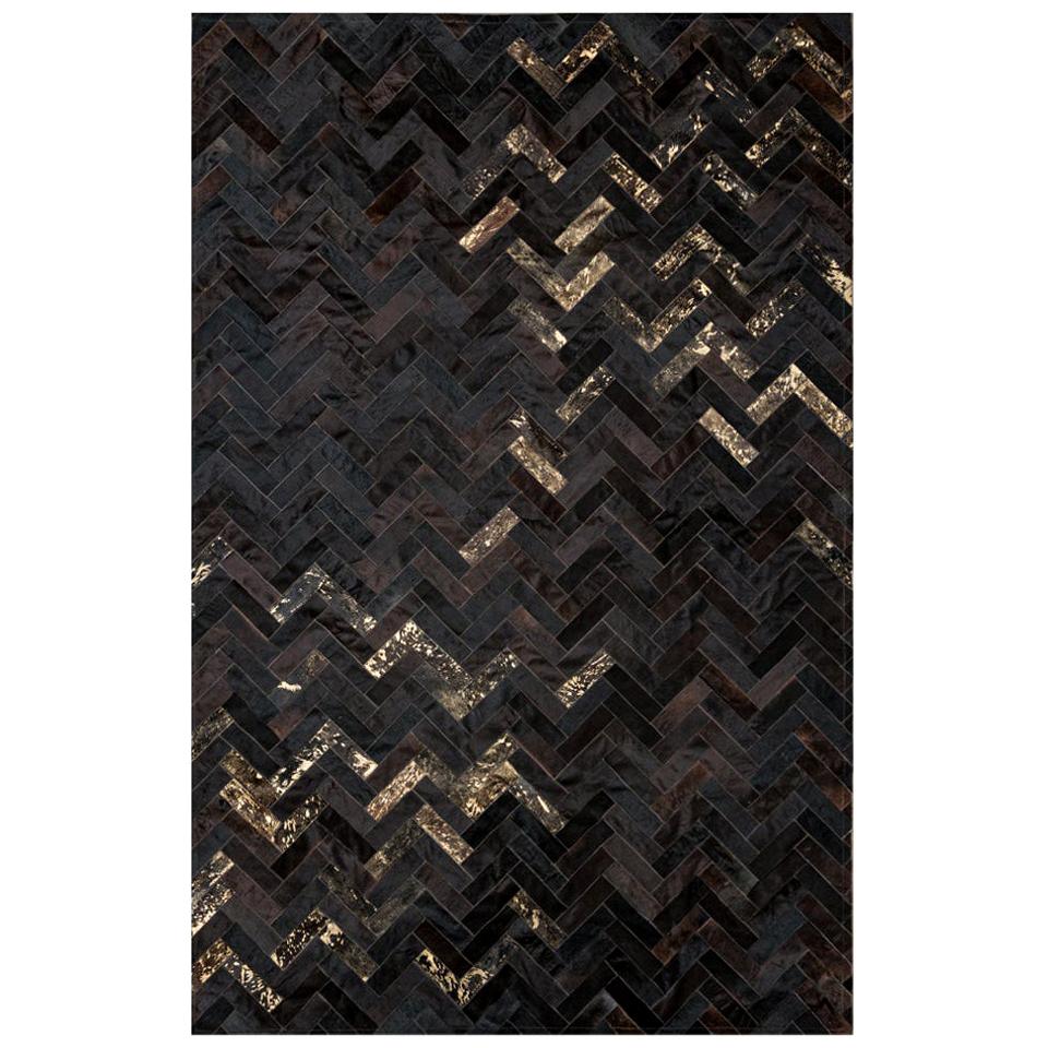Black & gold Customizable Art Deco Estrella Cowhide Area Floor Rug Small For Sale