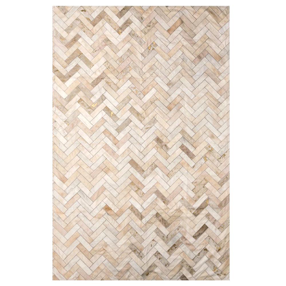 Cream  & gold Herringbone Customizable Medium Estrella Cowhide Area Floor Rug For Sale