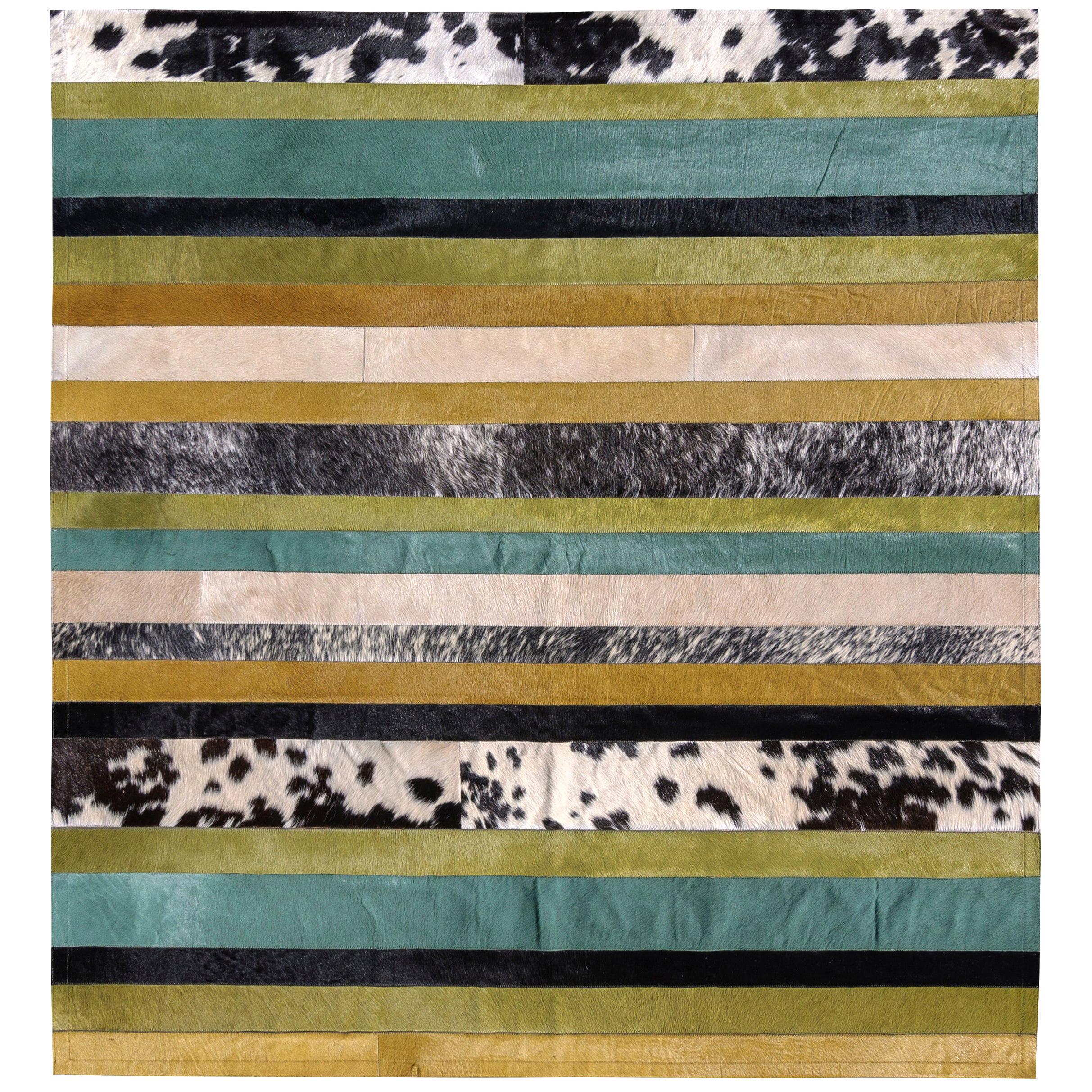 Green ochre black & white stripes Nueva Raya Customizable Cowhide Area Rug Small For Sale