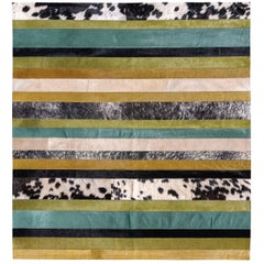 Green ochre black & white stripes Nueva Raya Customizable Cowhide Area Rug Small