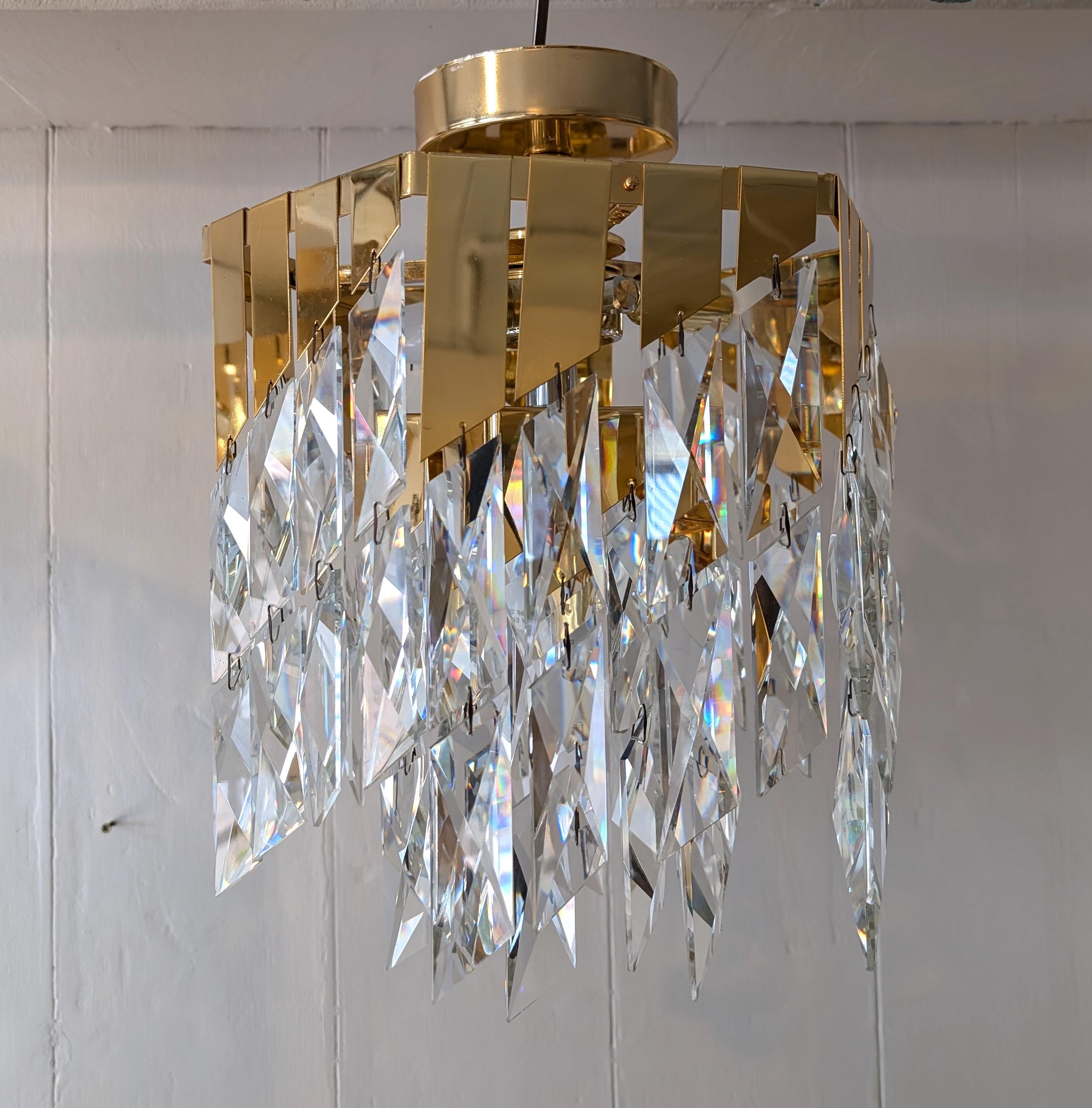 Vintage cut glass rhomboid & gold metal 1980s chandelier 5