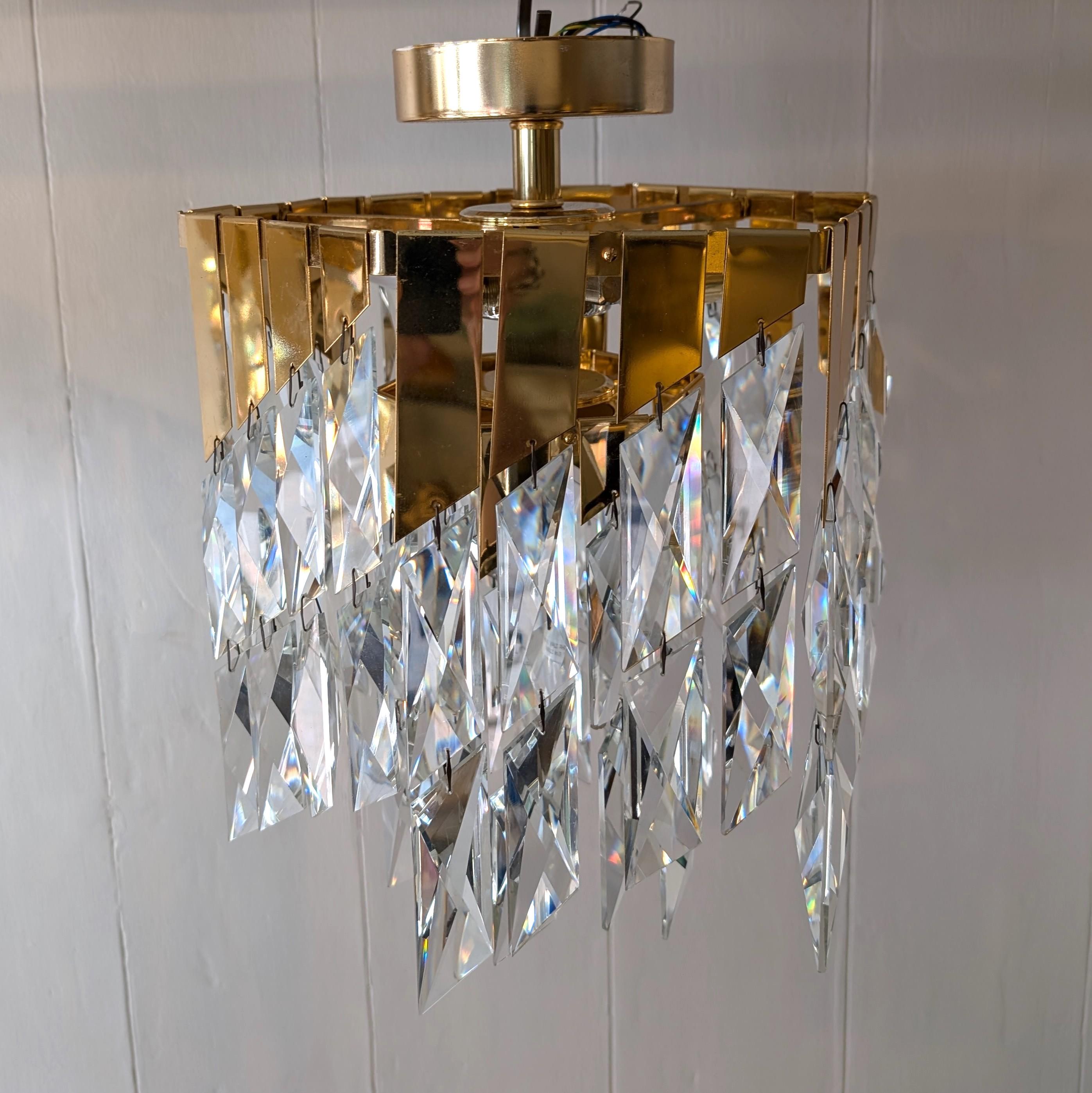 Vintage cut glass rhomboid & gold metal 1980s chandelier 6