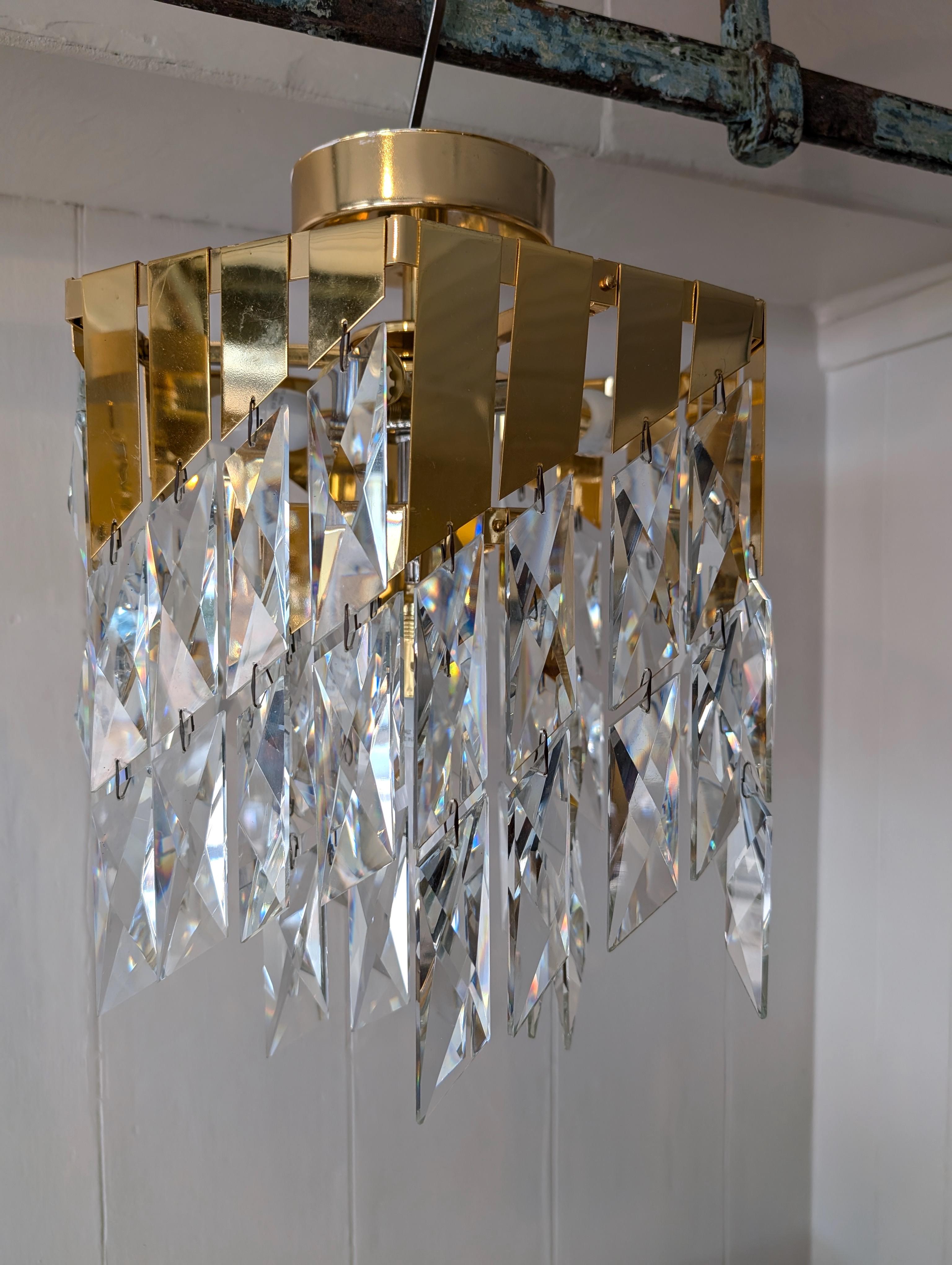 Vintage cut glass rhomboid & gold metal 1980s chandelier 7