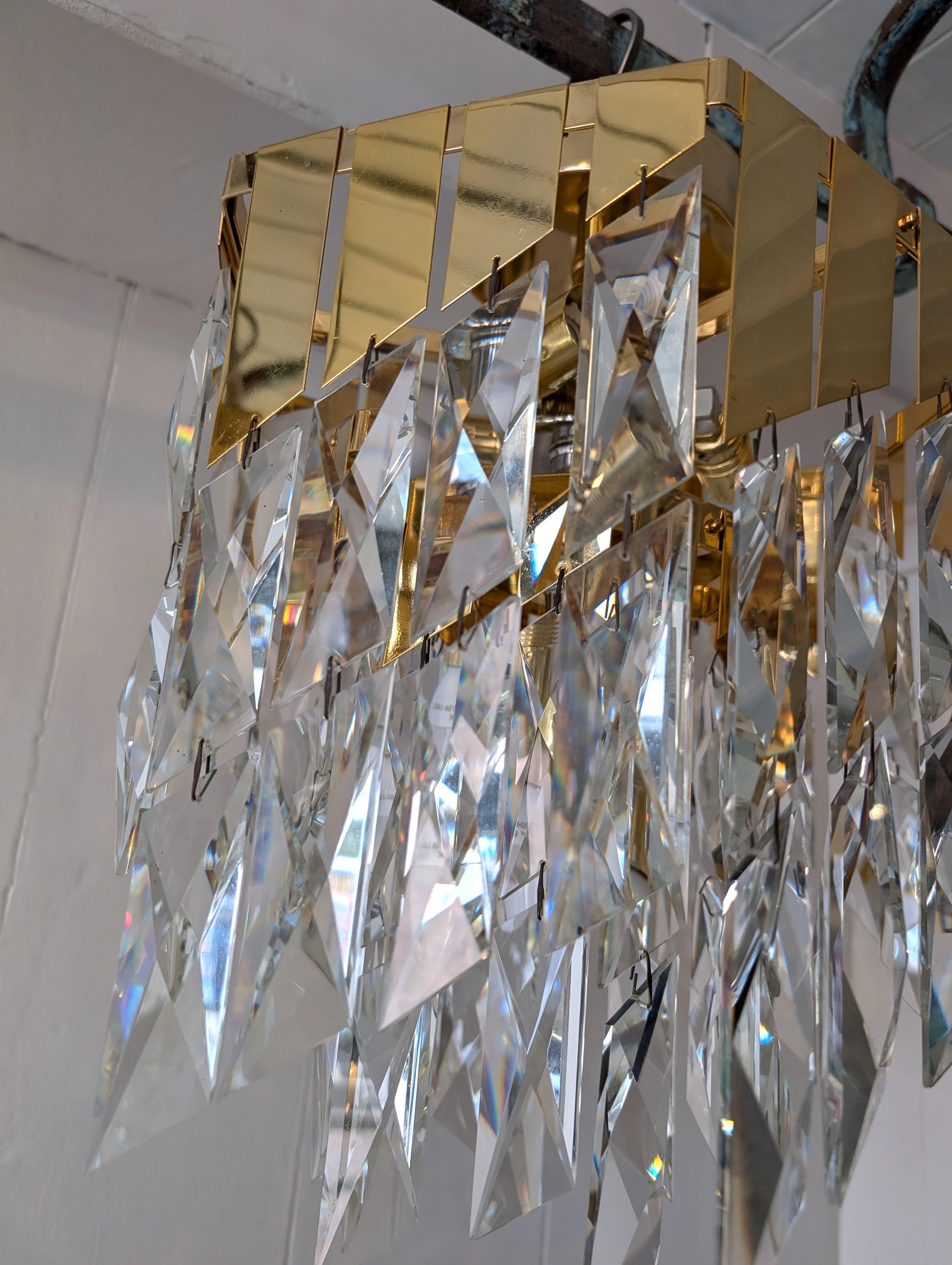 Vintage cut glass rhomboid & gold metal 1980s chandelier 8