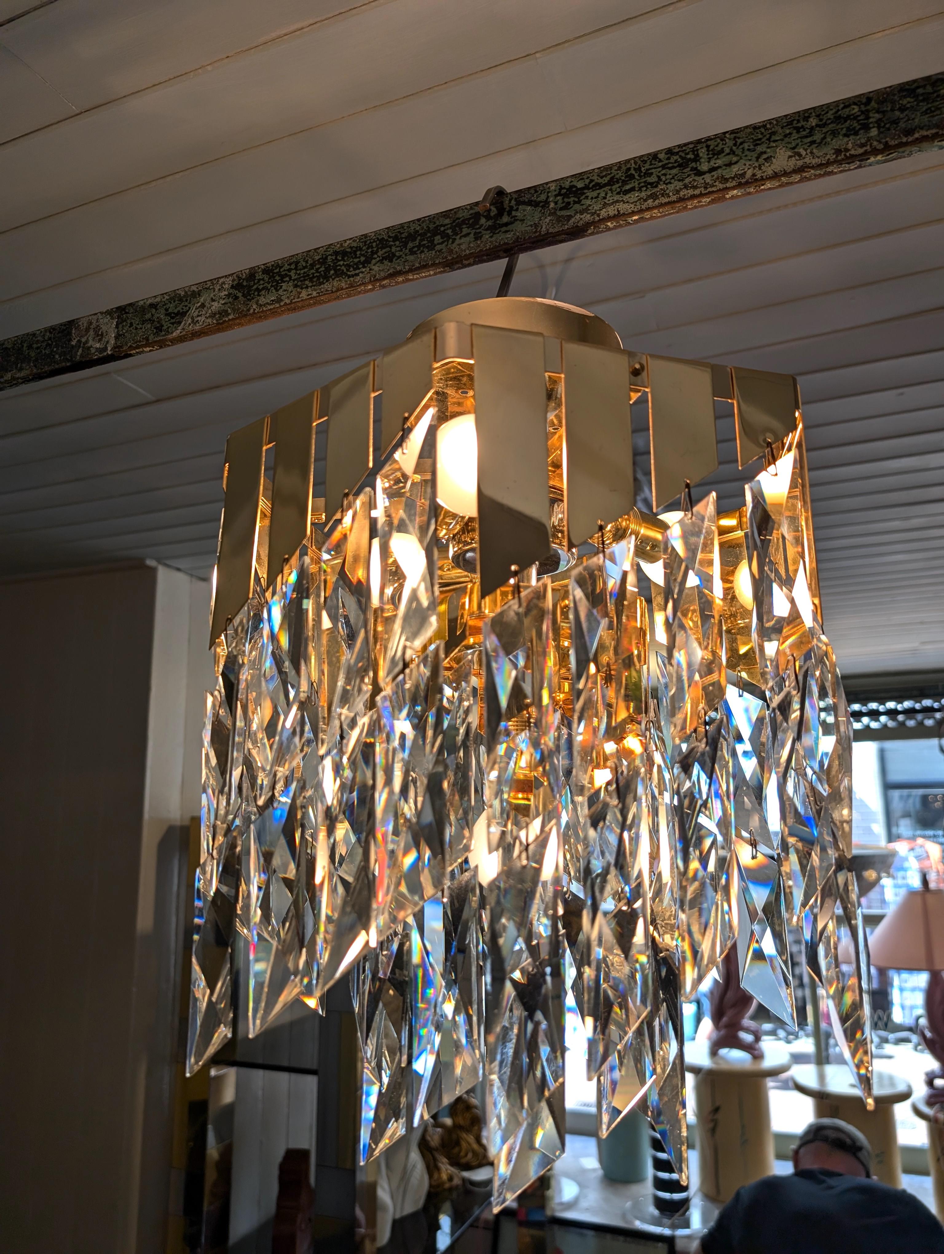 Vintage cut glass rhomboid & gold metal 1980s chandelier 9
