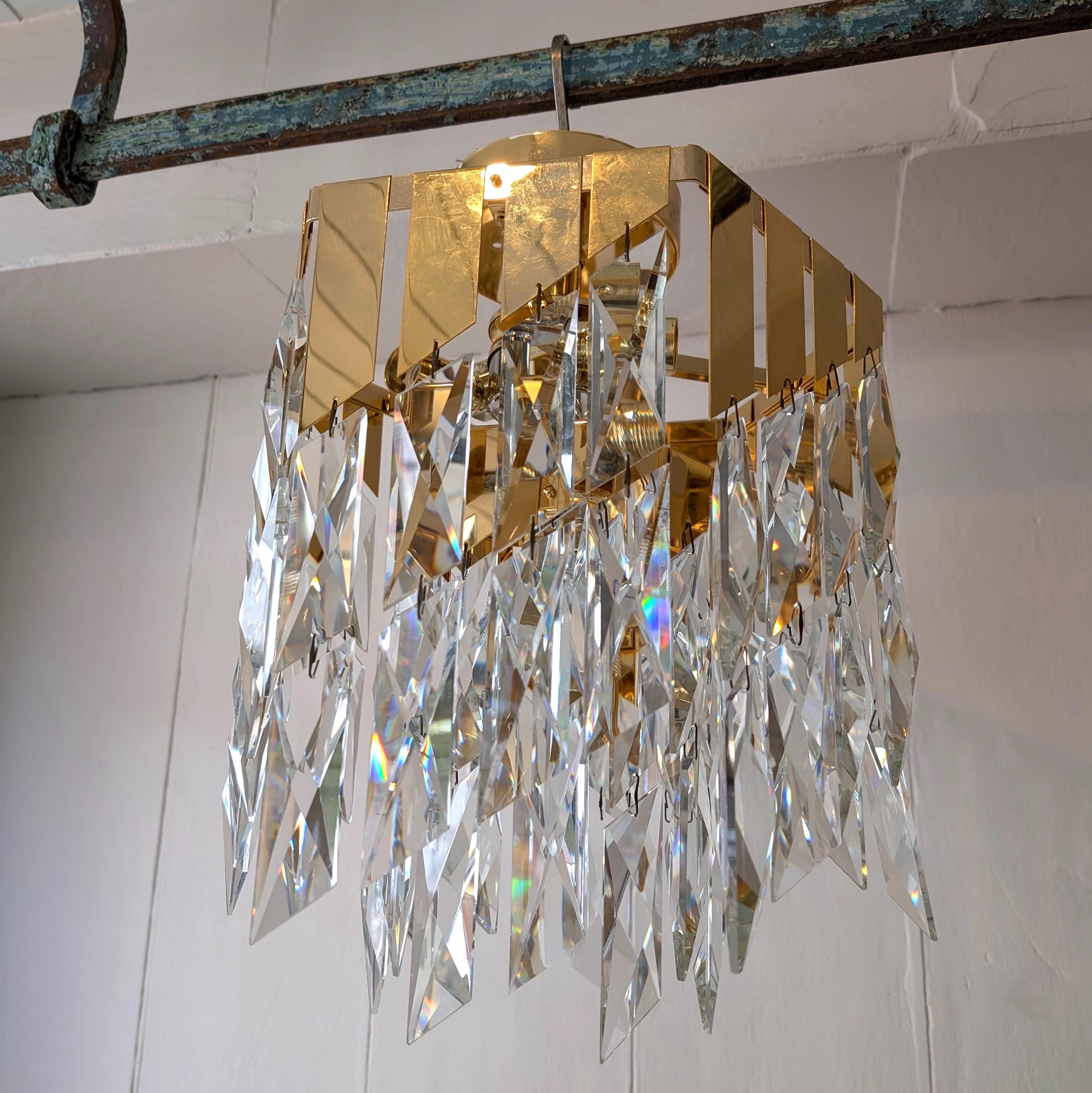 Metal Vintage cut glass rhomboid & gold metal 1980s chandelier