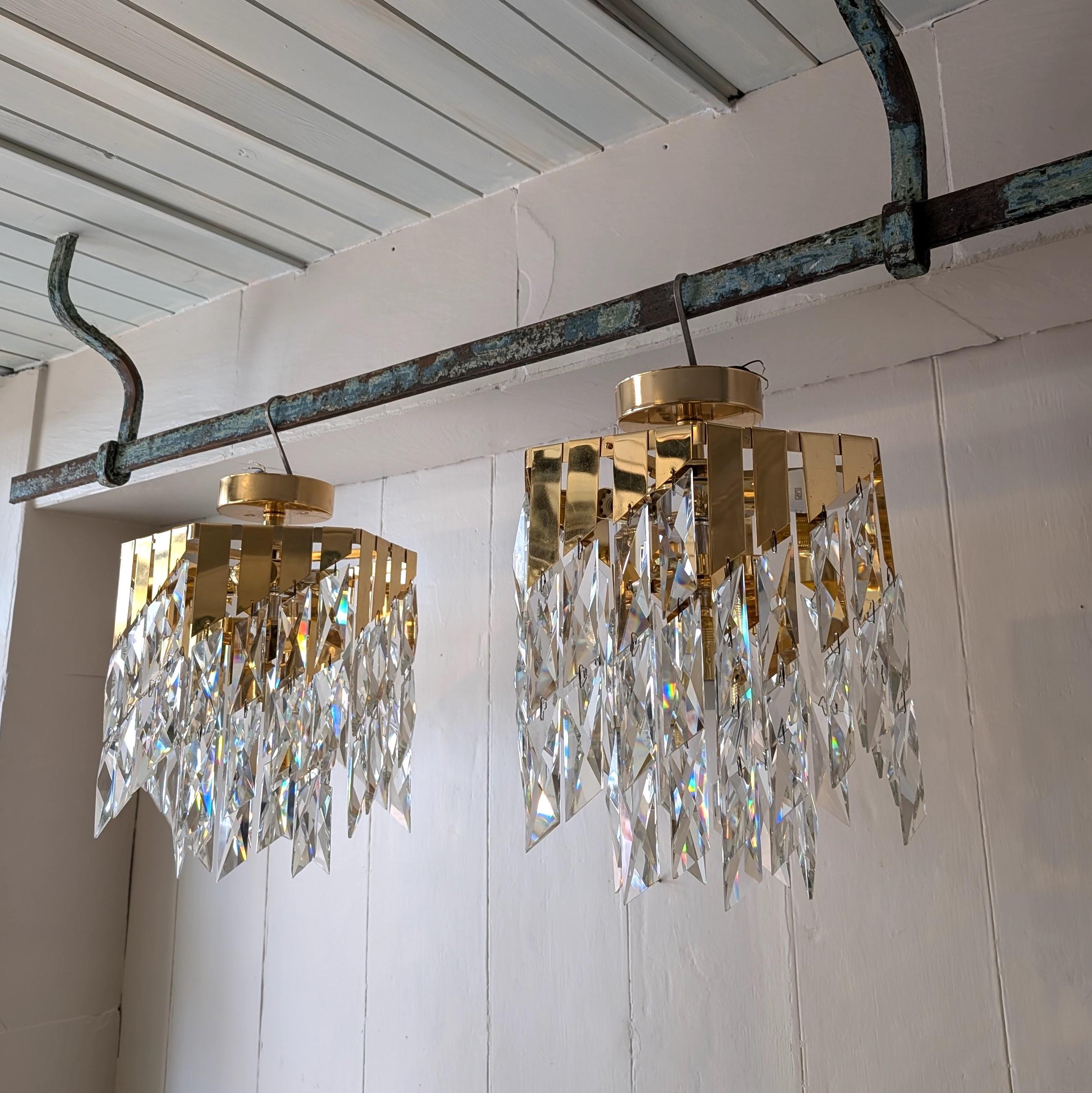 Vintage cut glass rhomboid & gold metal 1980s chandelier 1