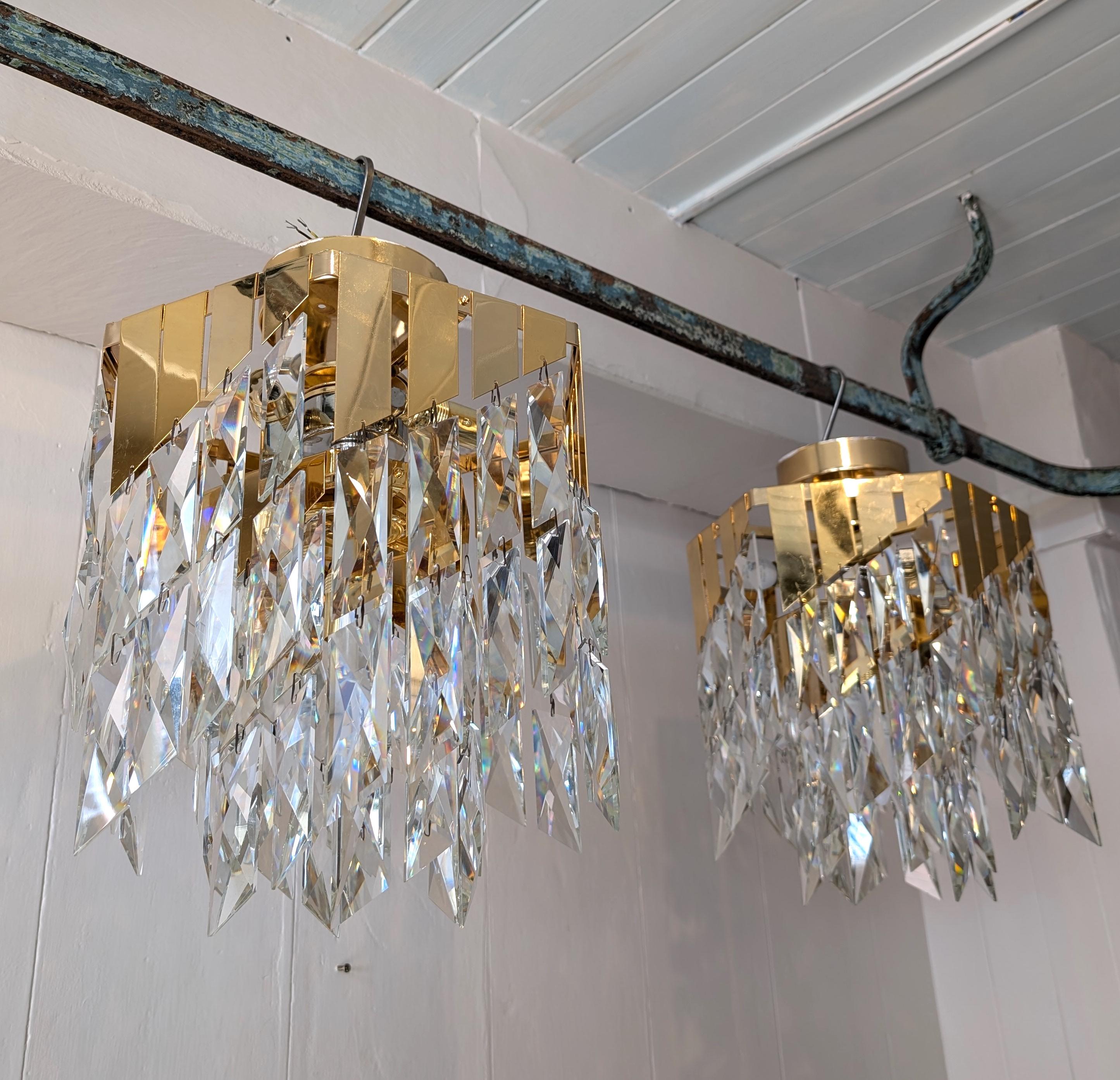 Vintage cut glass rhomboid & gold metal 1980s chandelier 2