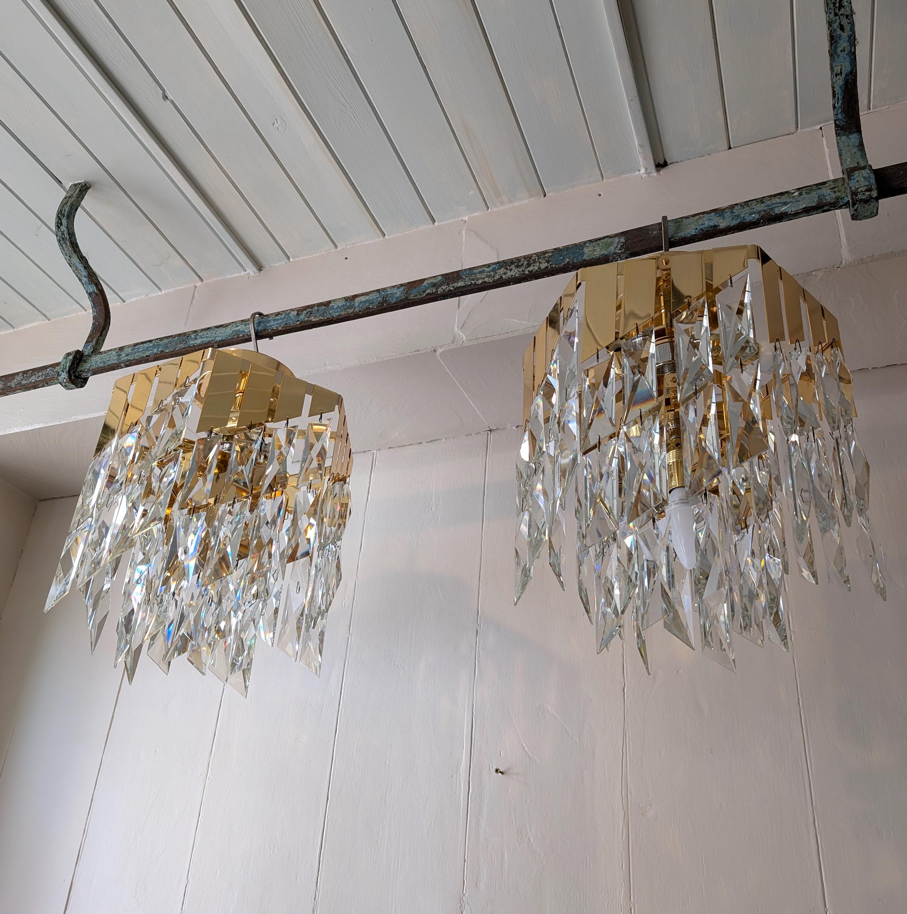 Vintage cut glass rhomboid & gold metal 1980s chandelier 3