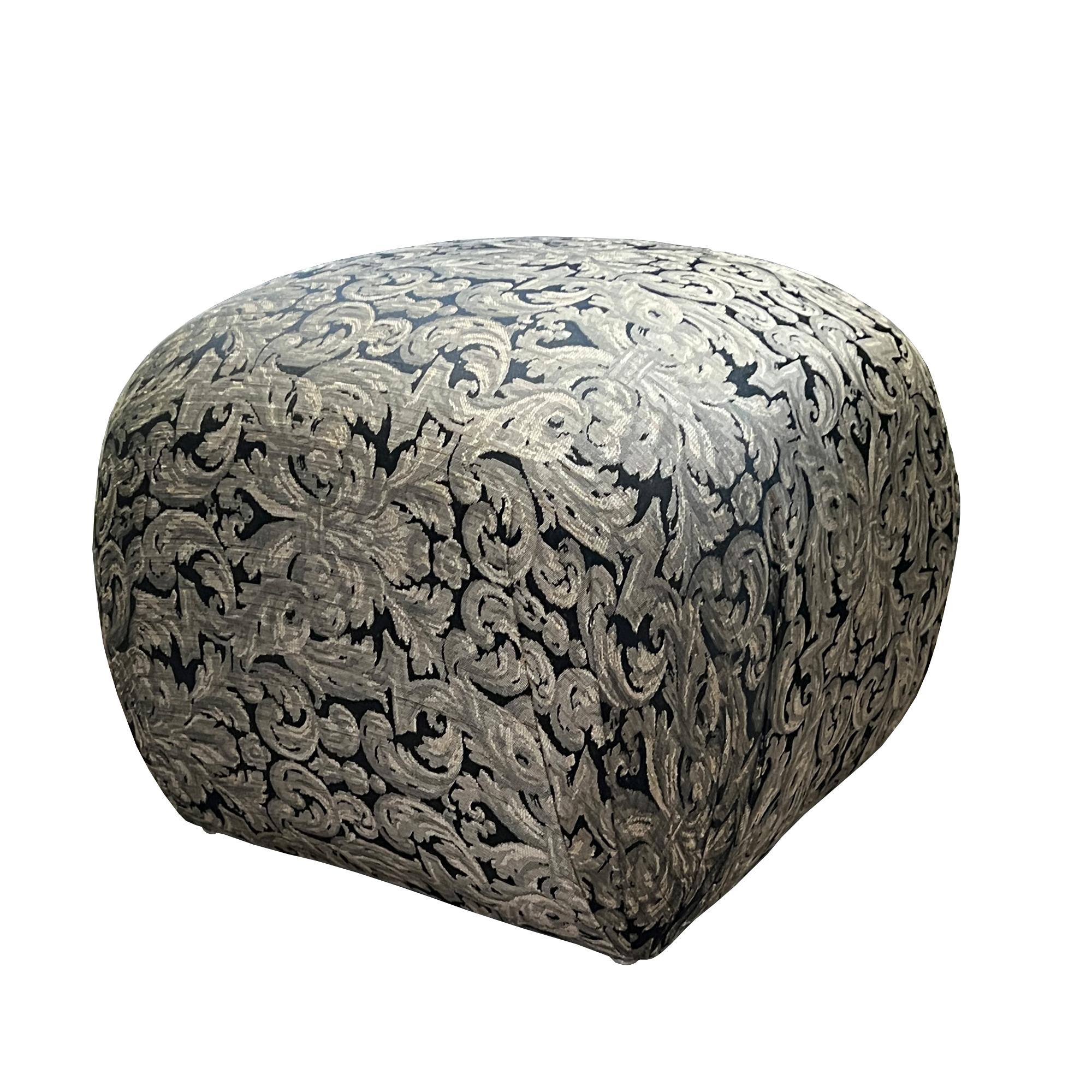 American Glamorous Damask Pouf Ottoman in Silver & Black – Vintage Style Statement Piece For Sale