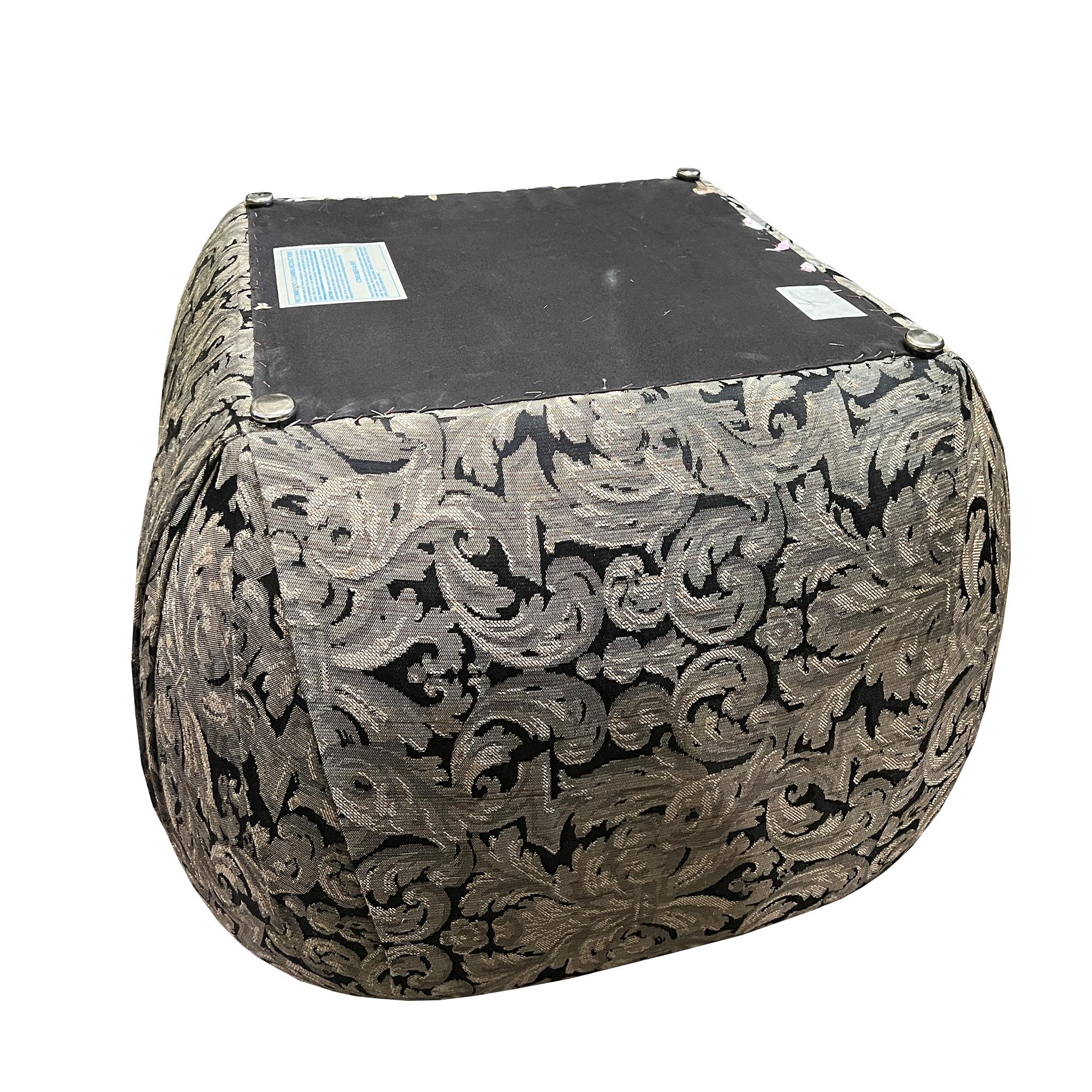 Fabric Glamorous Damask Pouf Ottoman in Silver & Black – Vintage Style Statement Piece For Sale