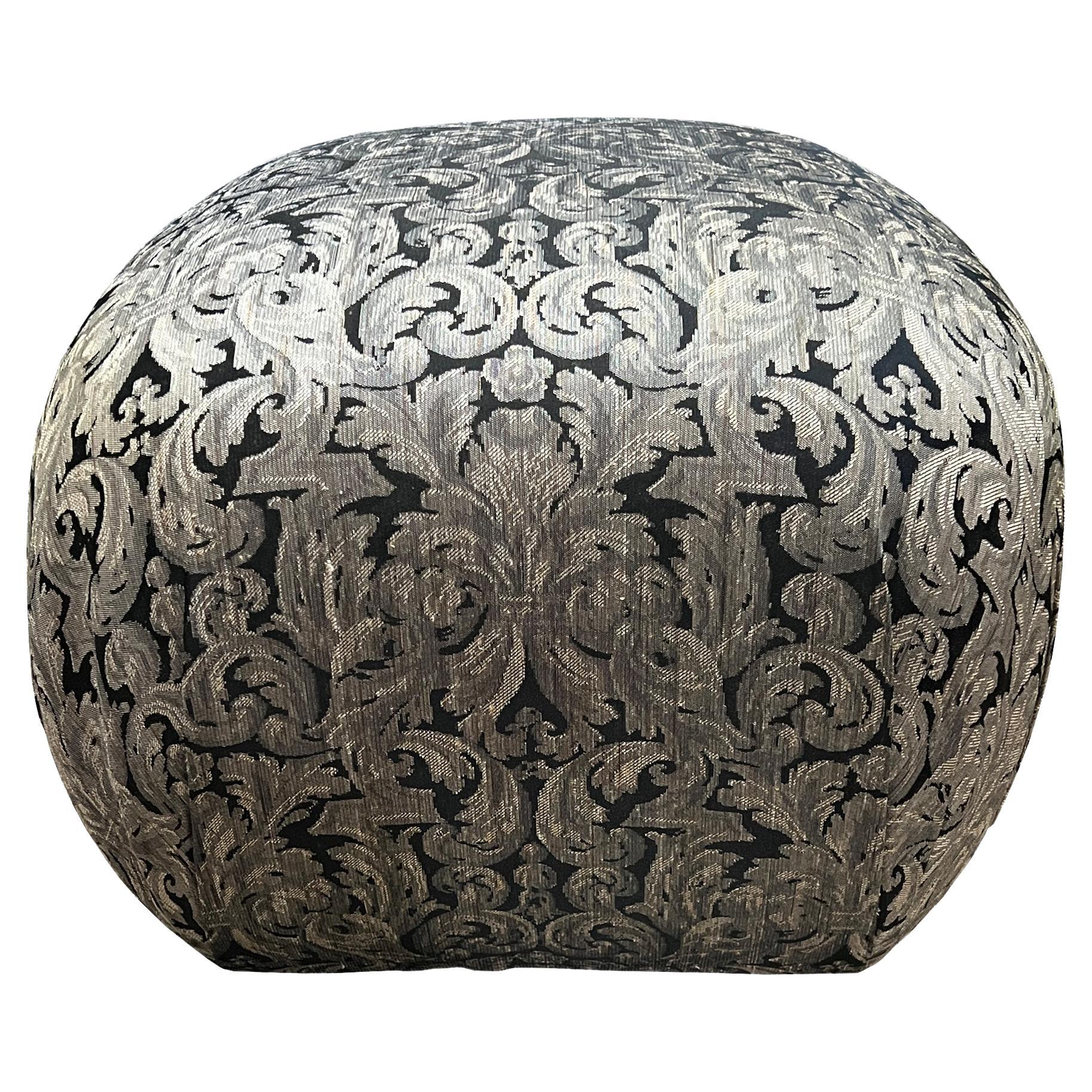 Glamorous Damask Pouf Ottoman in Silver & Black – Vintage Style Statement Piece For Sale