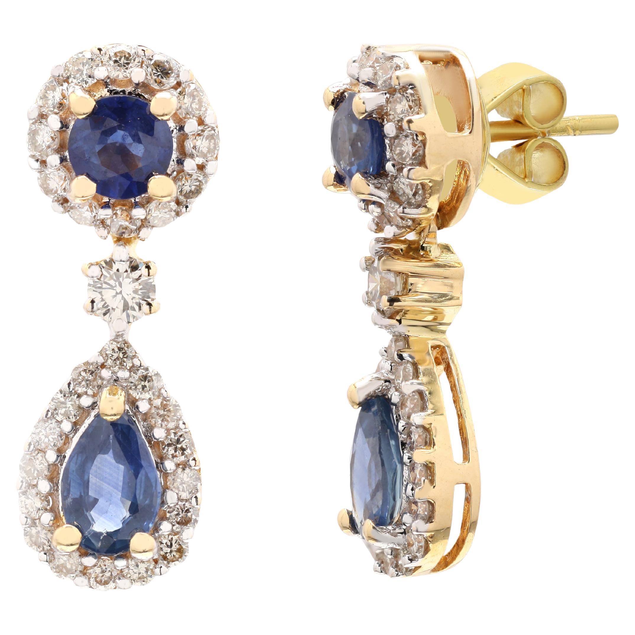 Glamorous Diamond and Sapphire Dangle Earrings in 18k Solid Yellow Gold For Sale