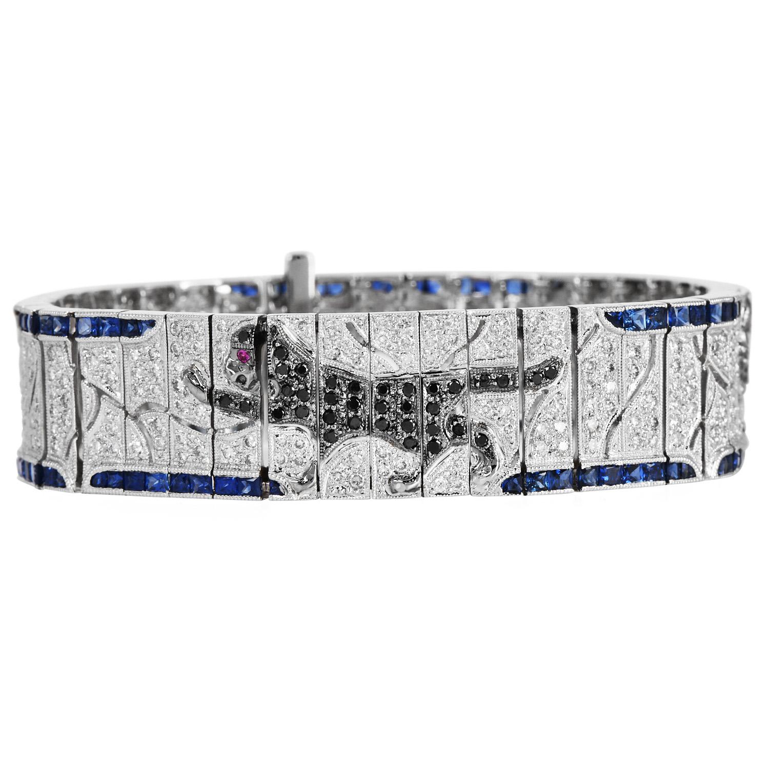 Glamour Bracelet en or blanc 18 carats avec mosaïque de panthères - une démonstration éblouissante de savoir-faire et d'élégance

Ce magnifique bracelet de style Art déco en or blanc 18 carats est orné d'une mosaïque unique de panthères en jungle.
