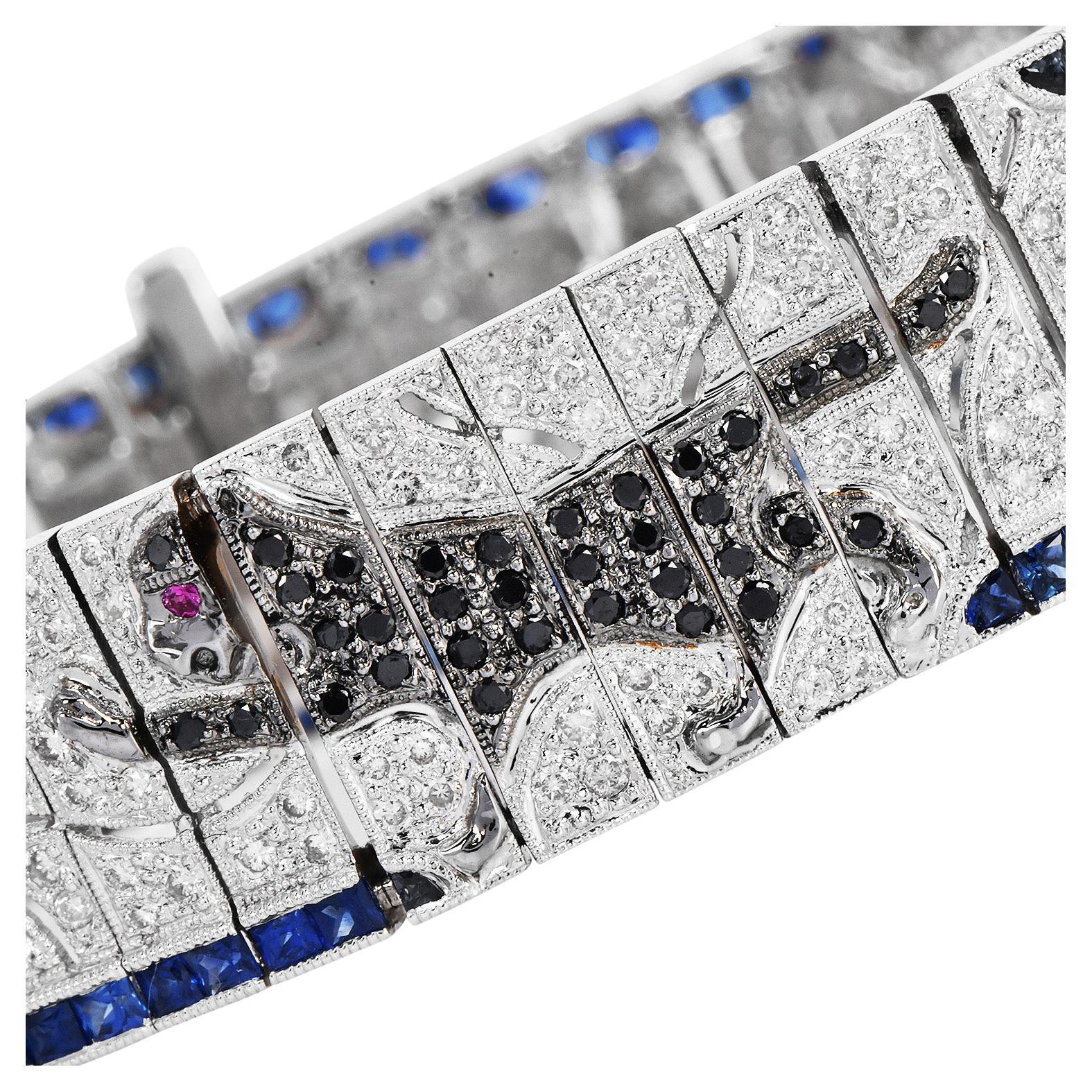 Glamorous Diamond Sapphire 18K White Gold Panther Mosaic Wrap Bracelet