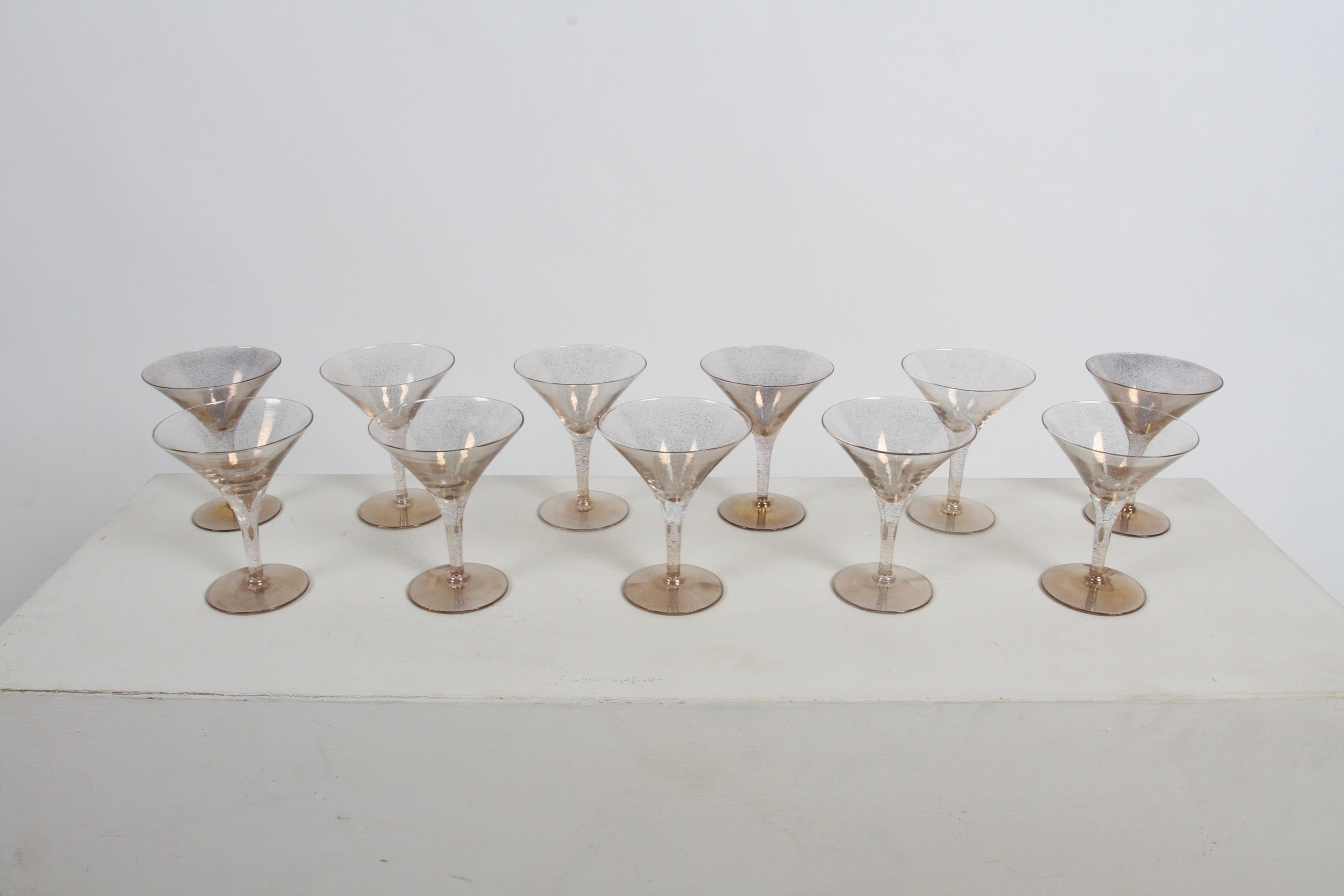 Glamourous Hollywood Regency 11 piece barware martini glassware set with gold fleck by Dorothy Thorpe.  The eleven martinis are in fine vintage condition, no chips. These are the perfect size to serve desert, ice cream or sorbet. Some have more gold