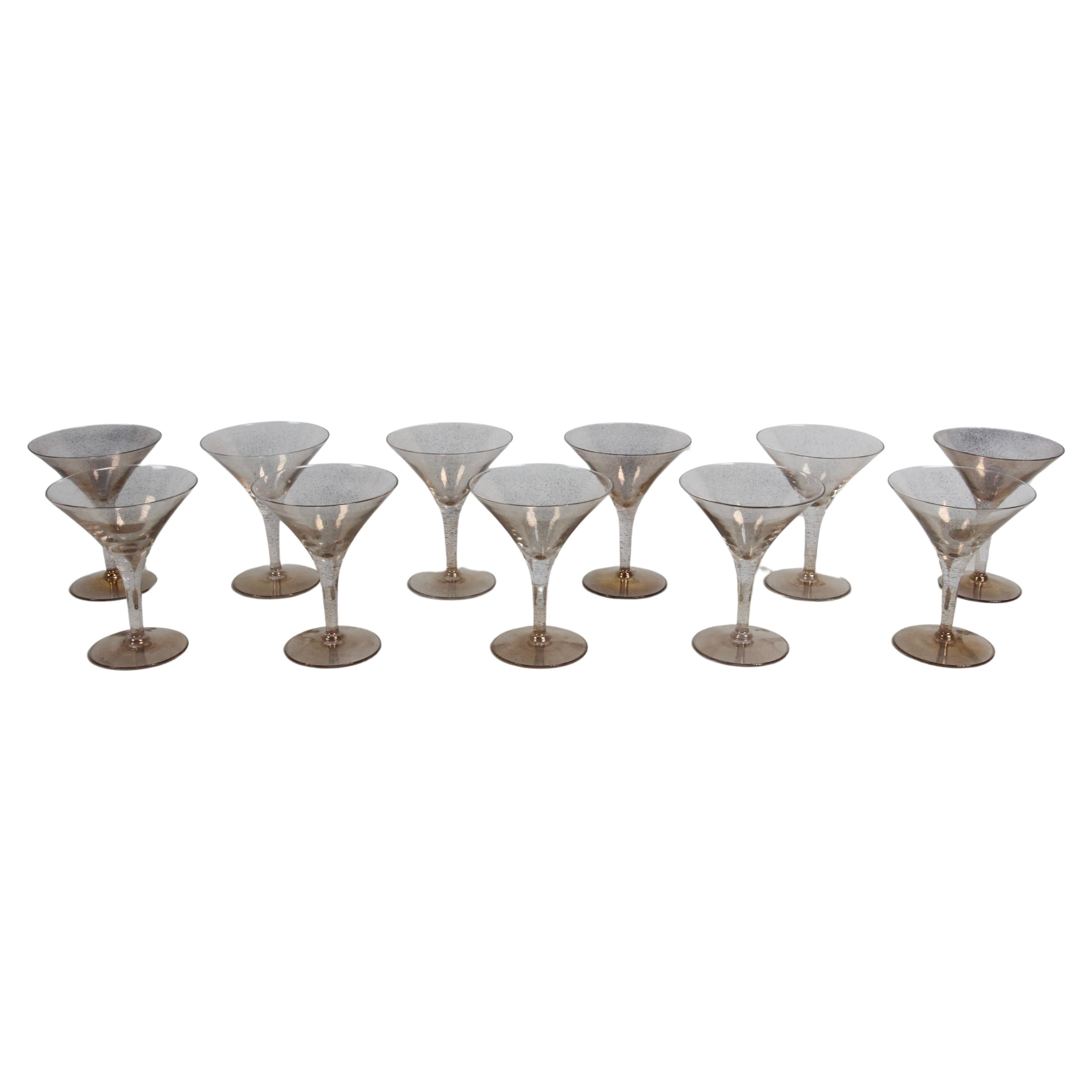 Glamorous Dorothy Thorpe 11 Piece Gold Fleck Martini Glasses - Desert Stemware  For Sale