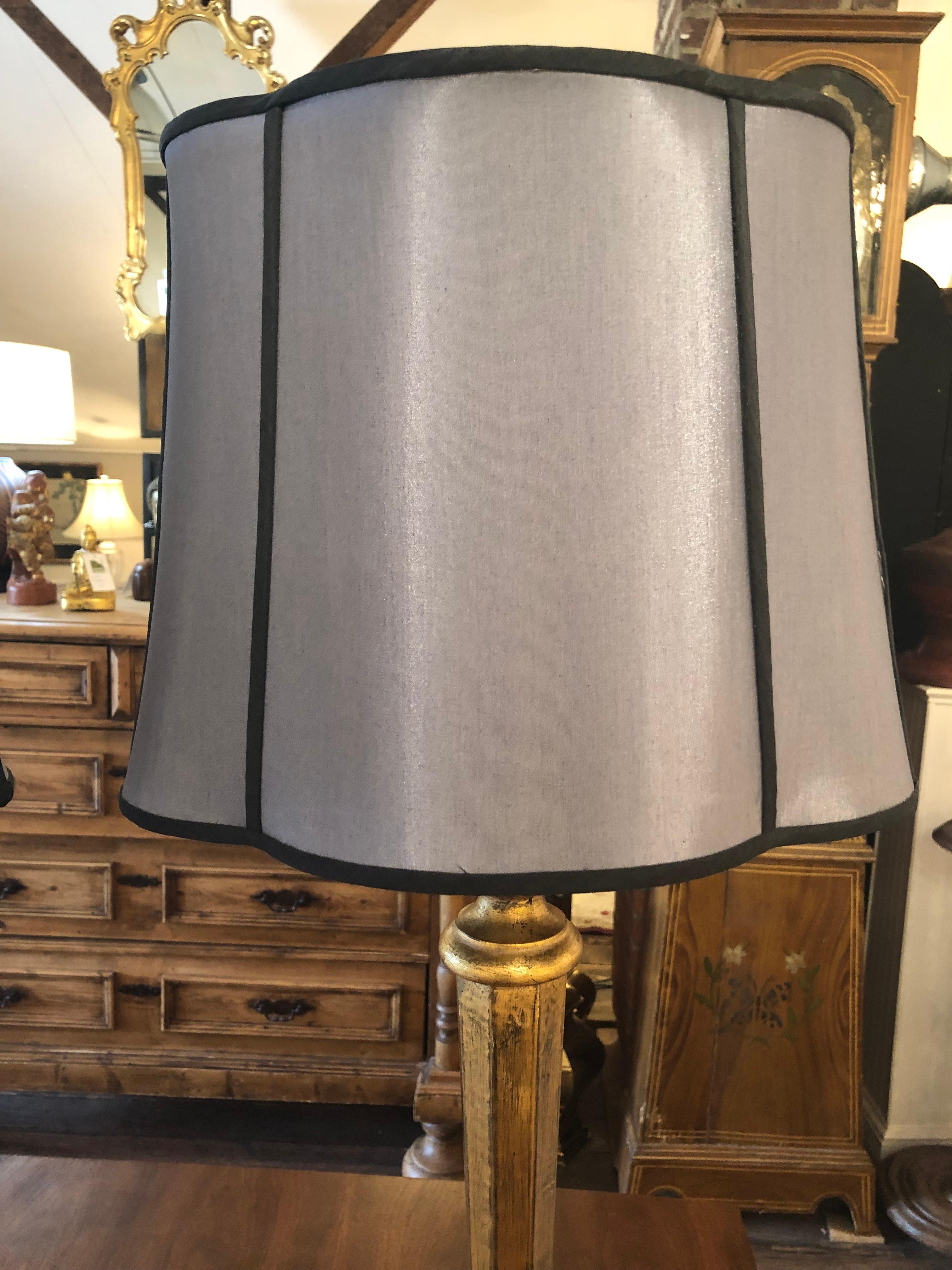 American Glamorous Elongated Tall Gilded Table Lamps with Custom Shades For Sale