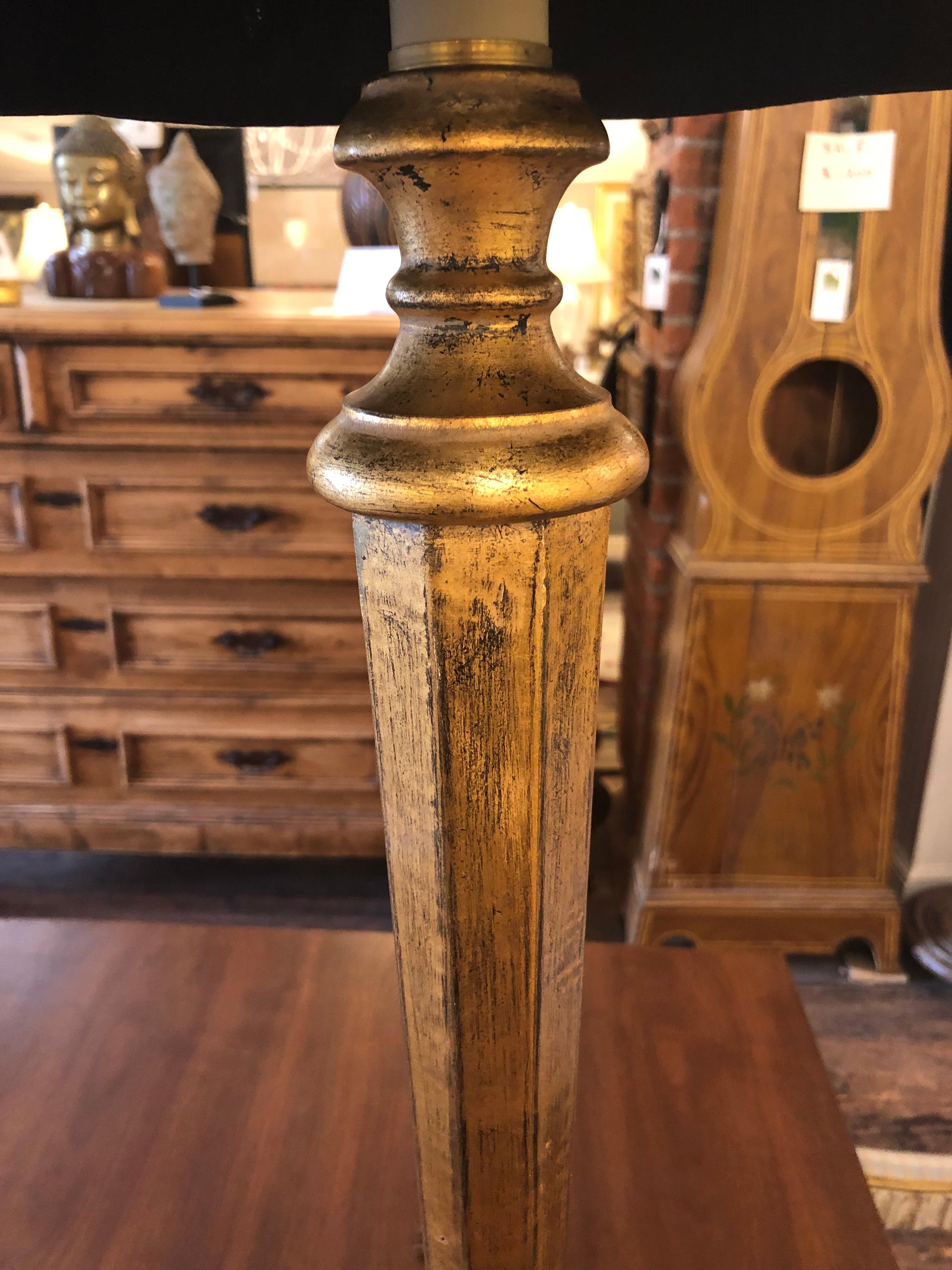 Glamorous Elongated Tall Gilded Table Lamps with Custom Shades In Good Condition For Sale In Hopewell, NJ