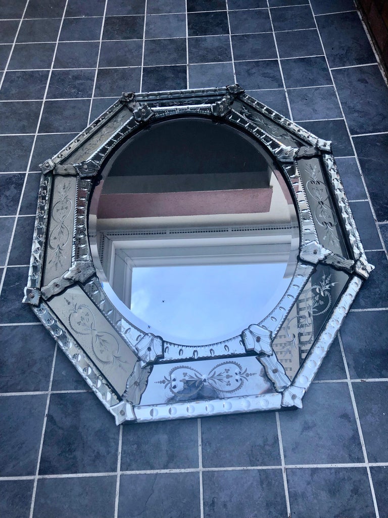 Glamorous Fancy Large Vintage Etched Style Octagonal Mirror