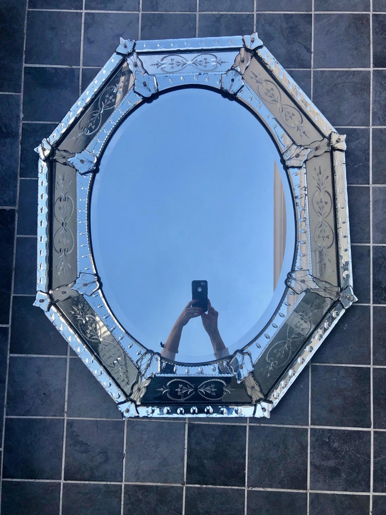 Glamorous Fancy Large Vintage Etched Style Octagonal Mirror