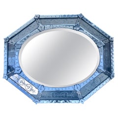 Glamorous Fancy Large Vintage Etched Venetian Style Octagonal Mirror