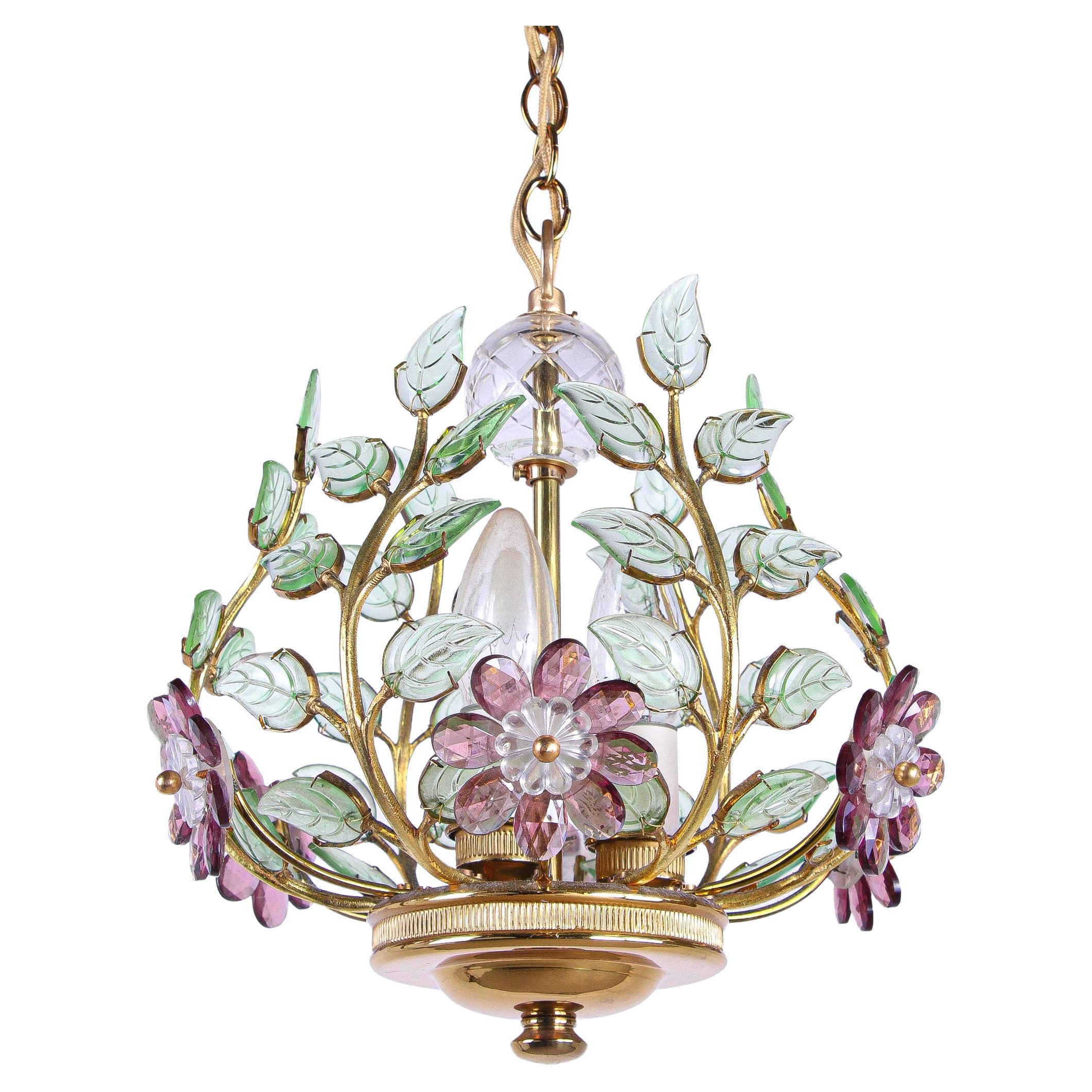 Glamorous Floral Chandelier Emerald & Violet Crystal & Brass, Palwa Germany 1960