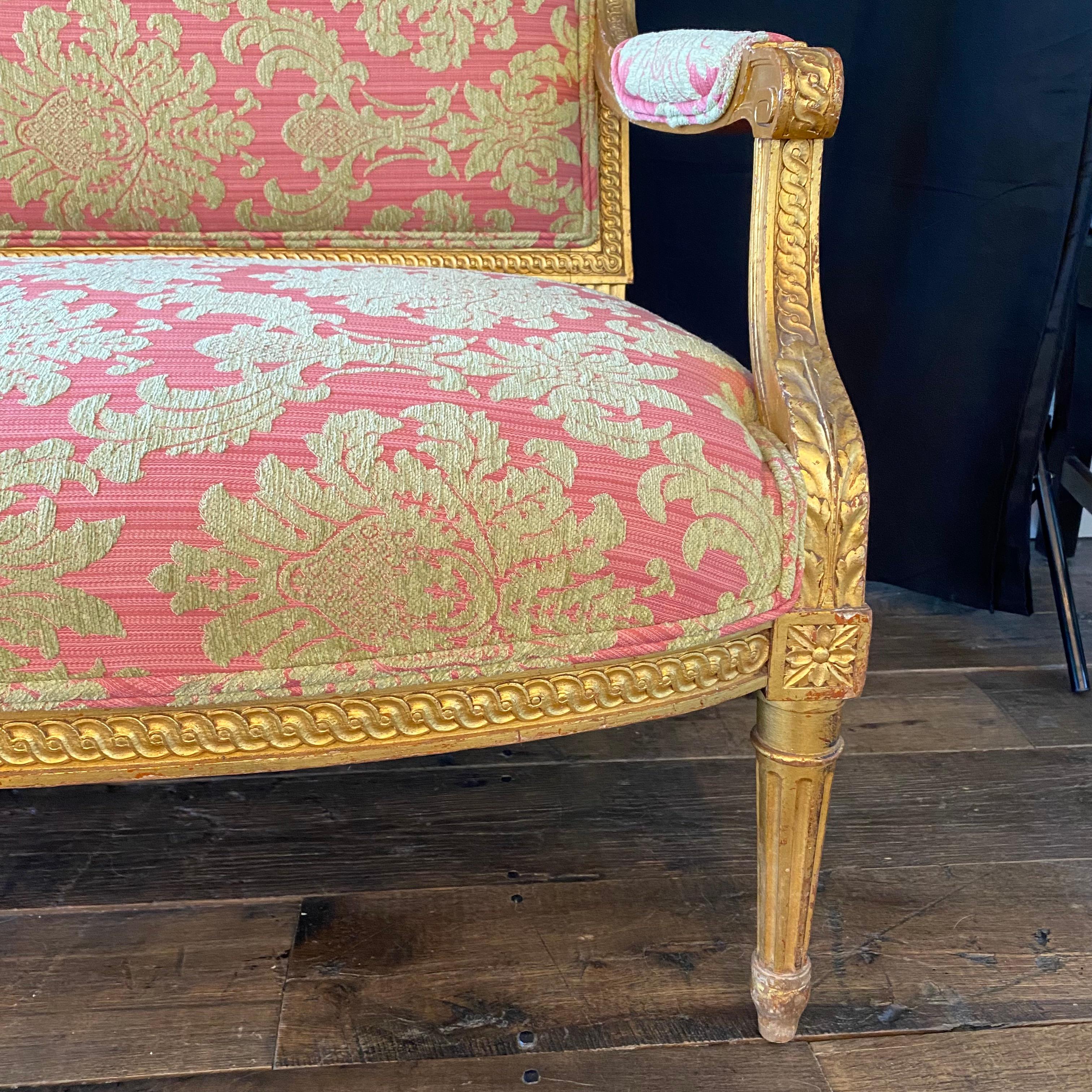 Mid-20th Century Glamorous French Louis XVI Style Gold Giltwood Sofa with Damask Upholstery For Sale