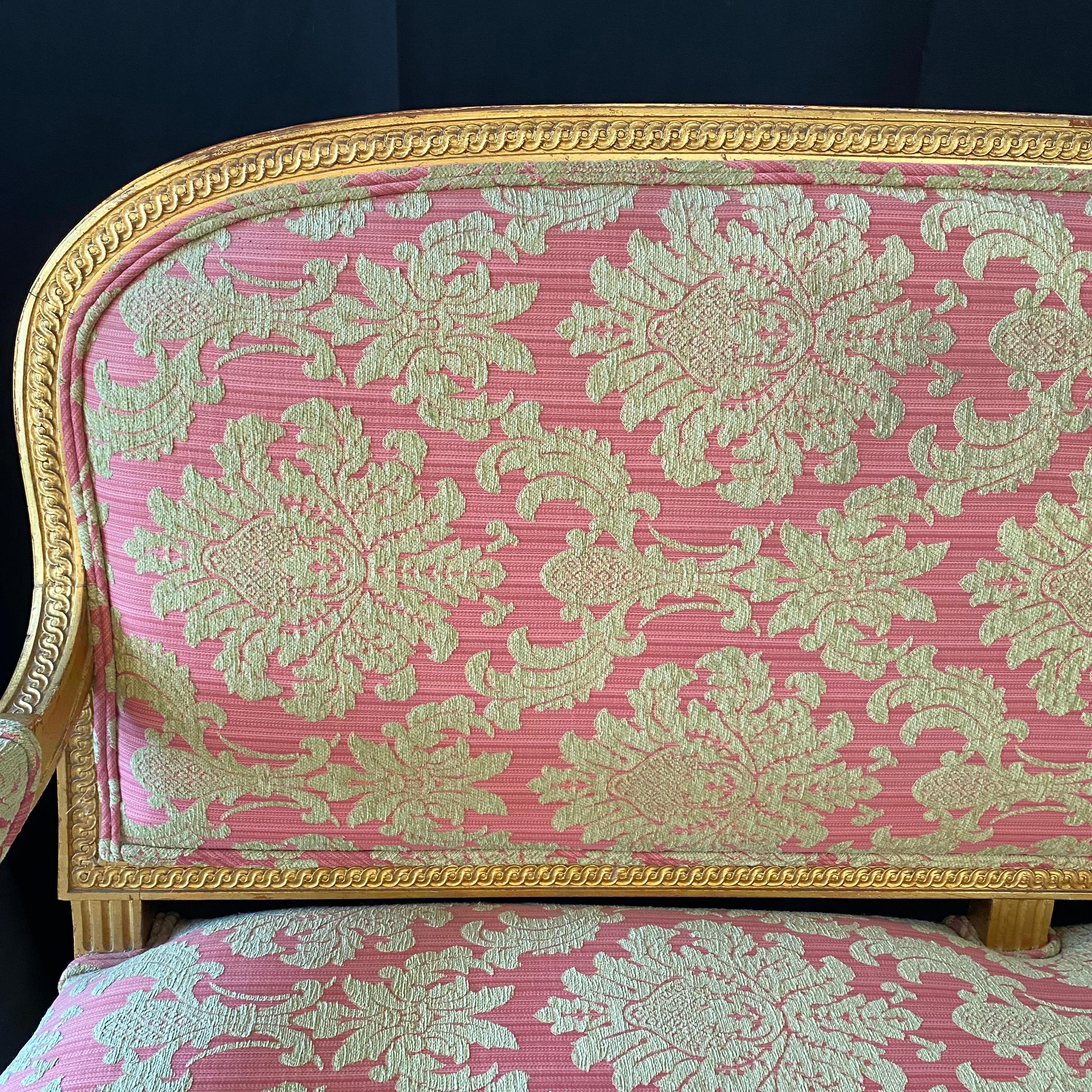 Glamorous French Louis XVI Style Gold Giltwood Sofa with Damask Upholstery For Sale 4